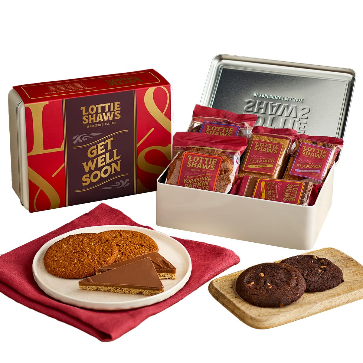 Lottie Shaw's Get Well Soon Biscuit Tin – Parkin Biscuits, Millionaire Shortbread & Flapjacks, Yorkshire Bakery
