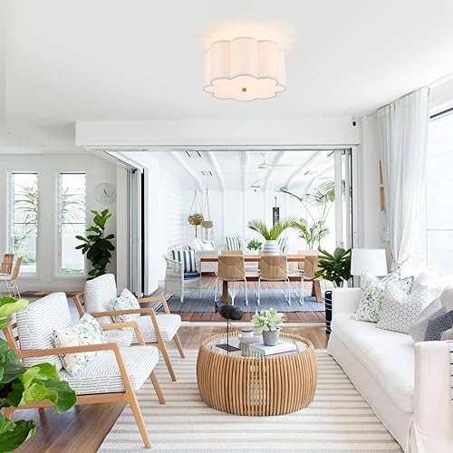 Miniatura 4 de MhyTogn Lámpara de techo semiempotrada, moderna lámpara de techo con pantalla de tambor de tela blanca crema para guardería, habitación de niños,