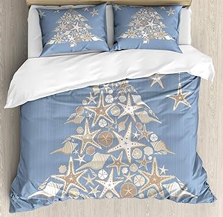 Ambesonne Christmas Duvet Cover Set, Nautical Elements Sea Life Theme with Noel Tree Winter Season, Decorative 3 Piece Bedding Set with 2 Pillow Shams, Queen Size, Beige Cream