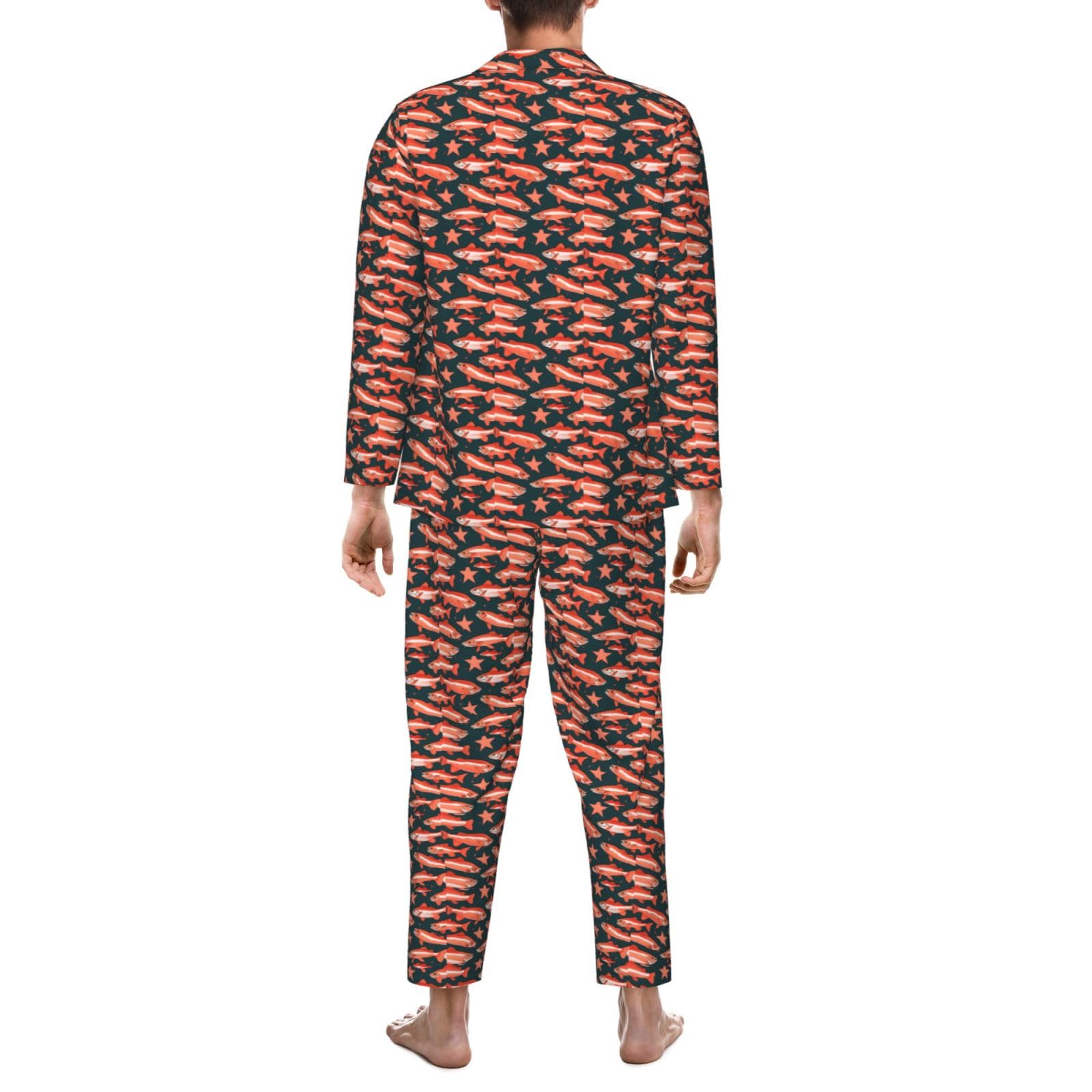 Herren-Pyjama-Set, langärmelig, Lachsdruck, zweiteilig, bequem, Nachtwäsche