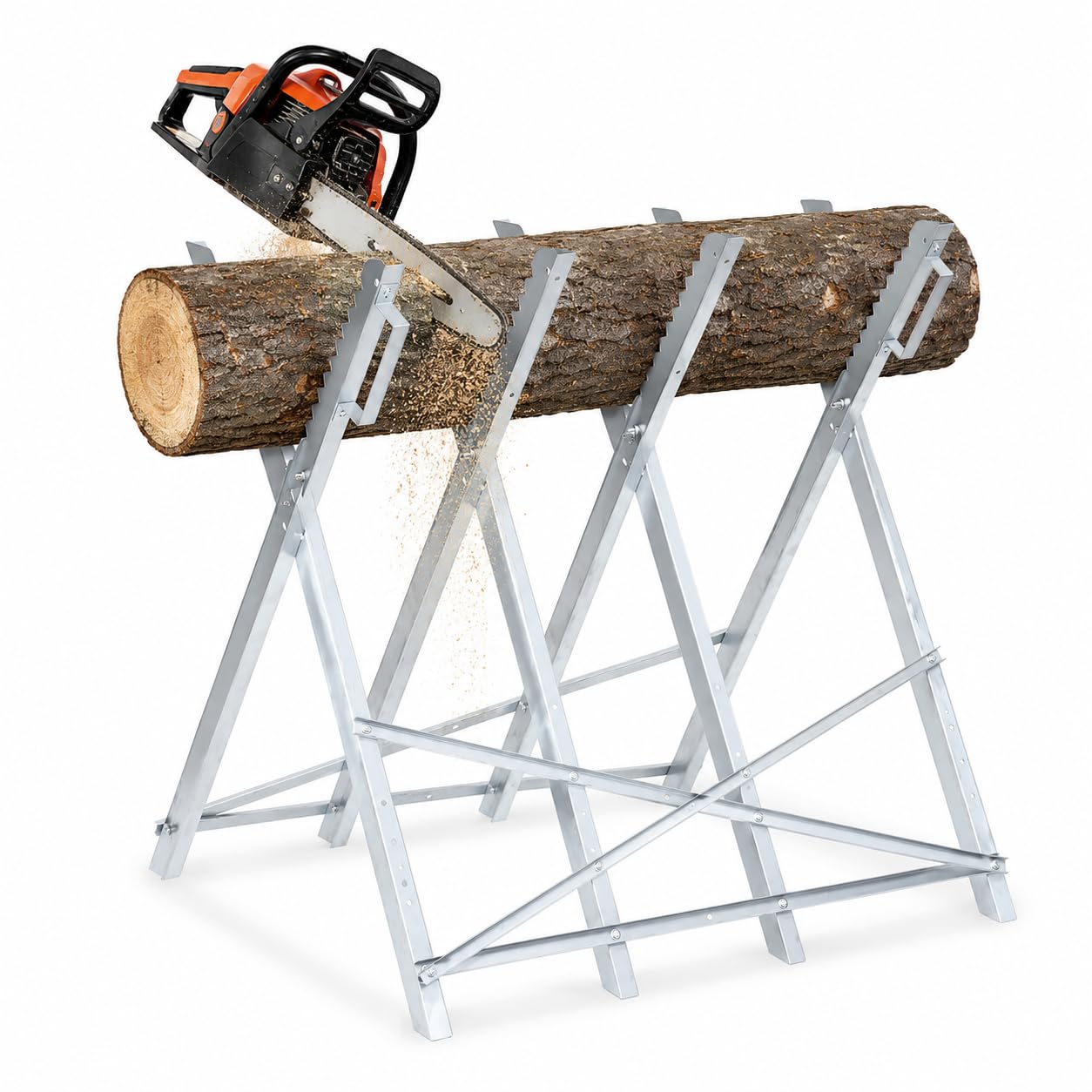 sägebock für kettensägen, stabiler sägebock klappbar aus verzinktem Metall, sägebock holz bis 150 kg, sägebock für kettensäge mit Zahnhaltern, faltbarer Holzsägebock 80 cm Arbeitshöhe