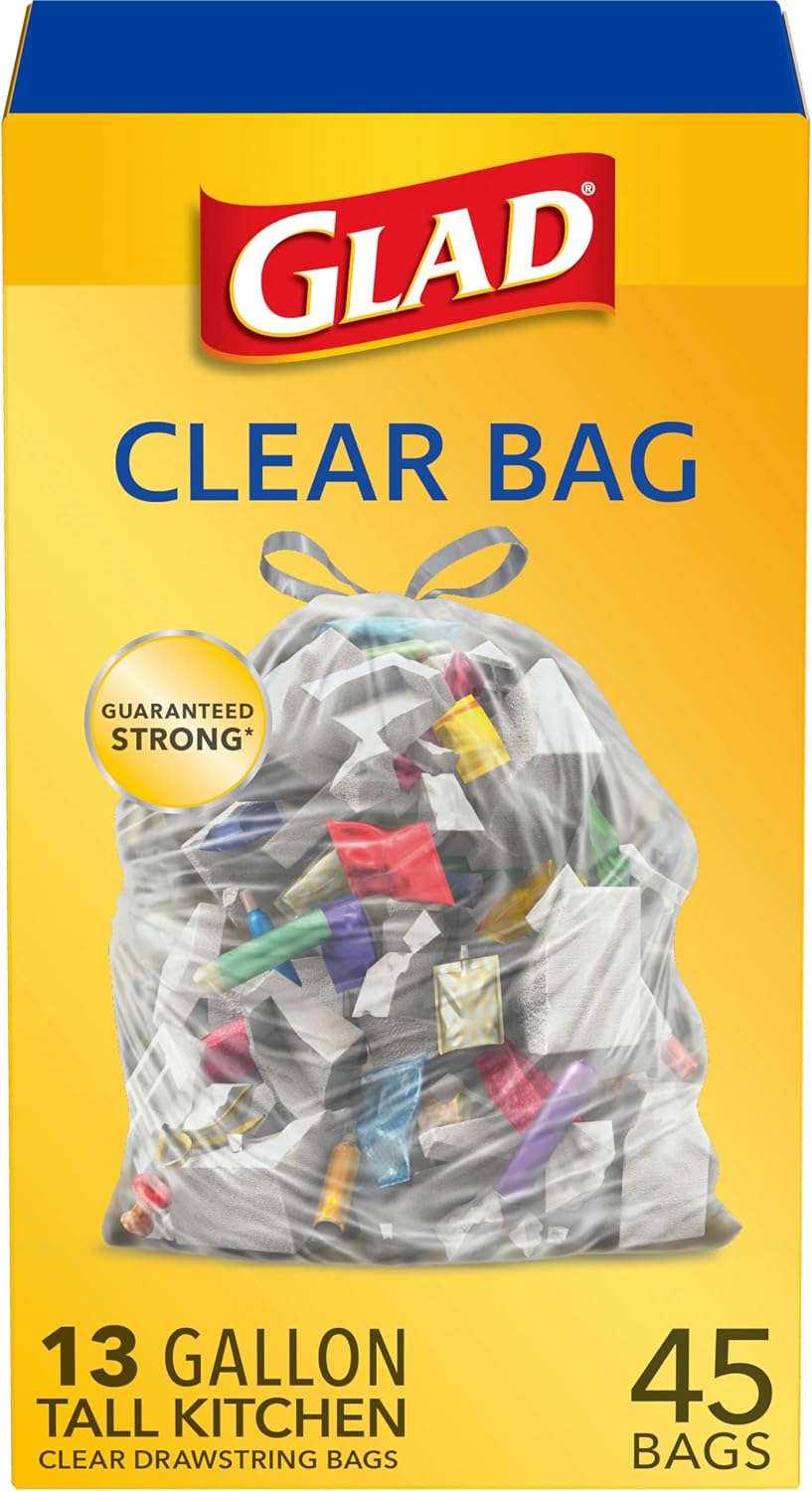 Glad Tall Kitchen Drawstring Bags, Clear, 13 Gallon, 45 Count (Package May Vary)