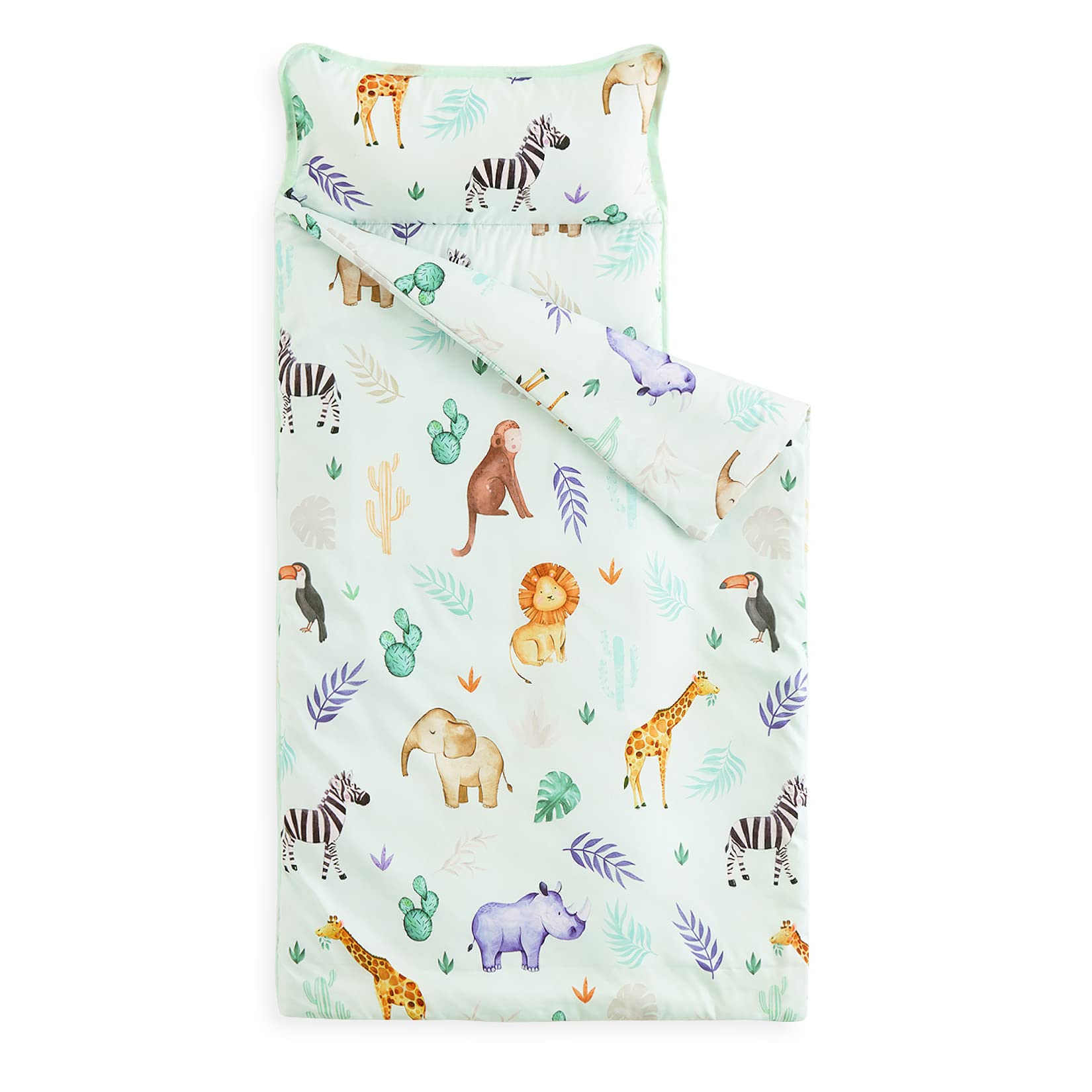 Toddler Nap Mat with Pillow and Blanket, for Kids Boys Girls in Kindergarten Daycare Preschool Pre K, Roll Up Sleeping Bag, Animals Zoo Trees, Light Green, Standard