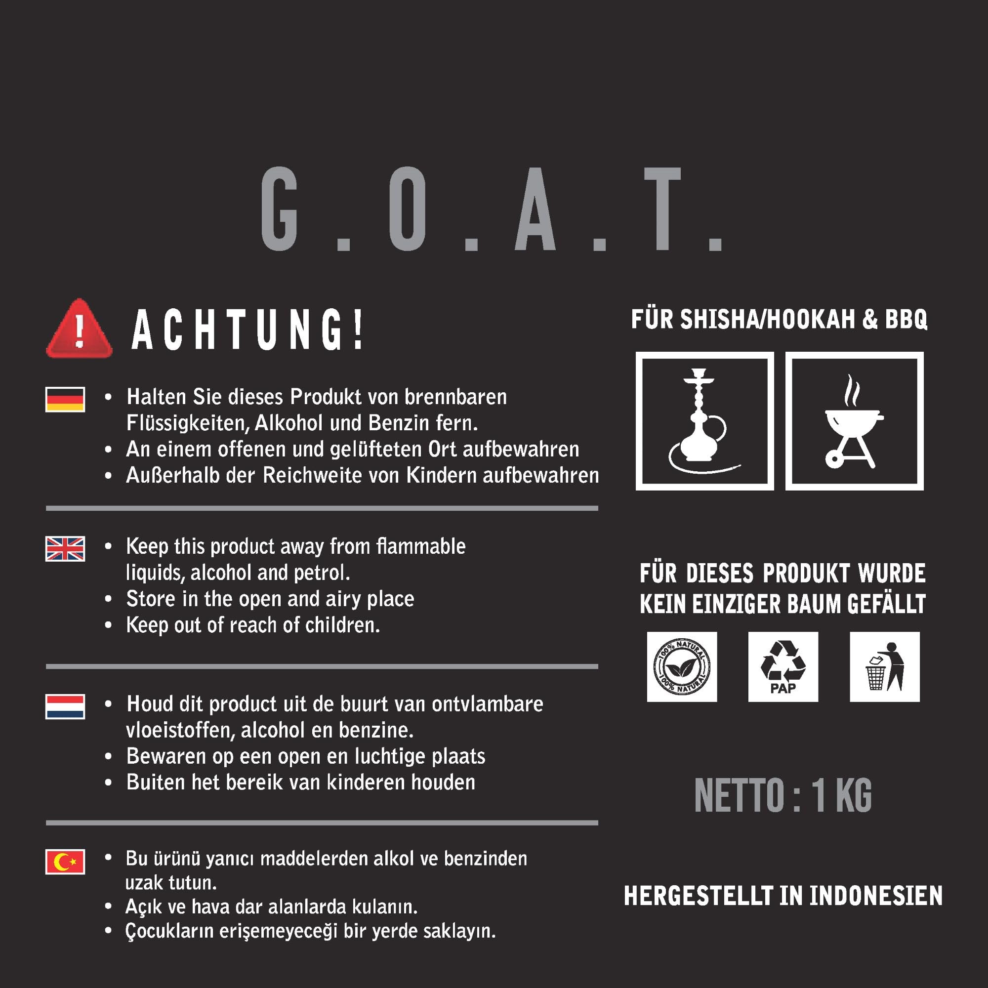 G.O.A.T Kokosnuss Kohle 20 kg 100% Kokusnussschale geruchlos geschmacklos, dampfarm & umweltfreundlich - perfekt für Lange Grill-Sessions im freien und unterwegs - Premium Ware
