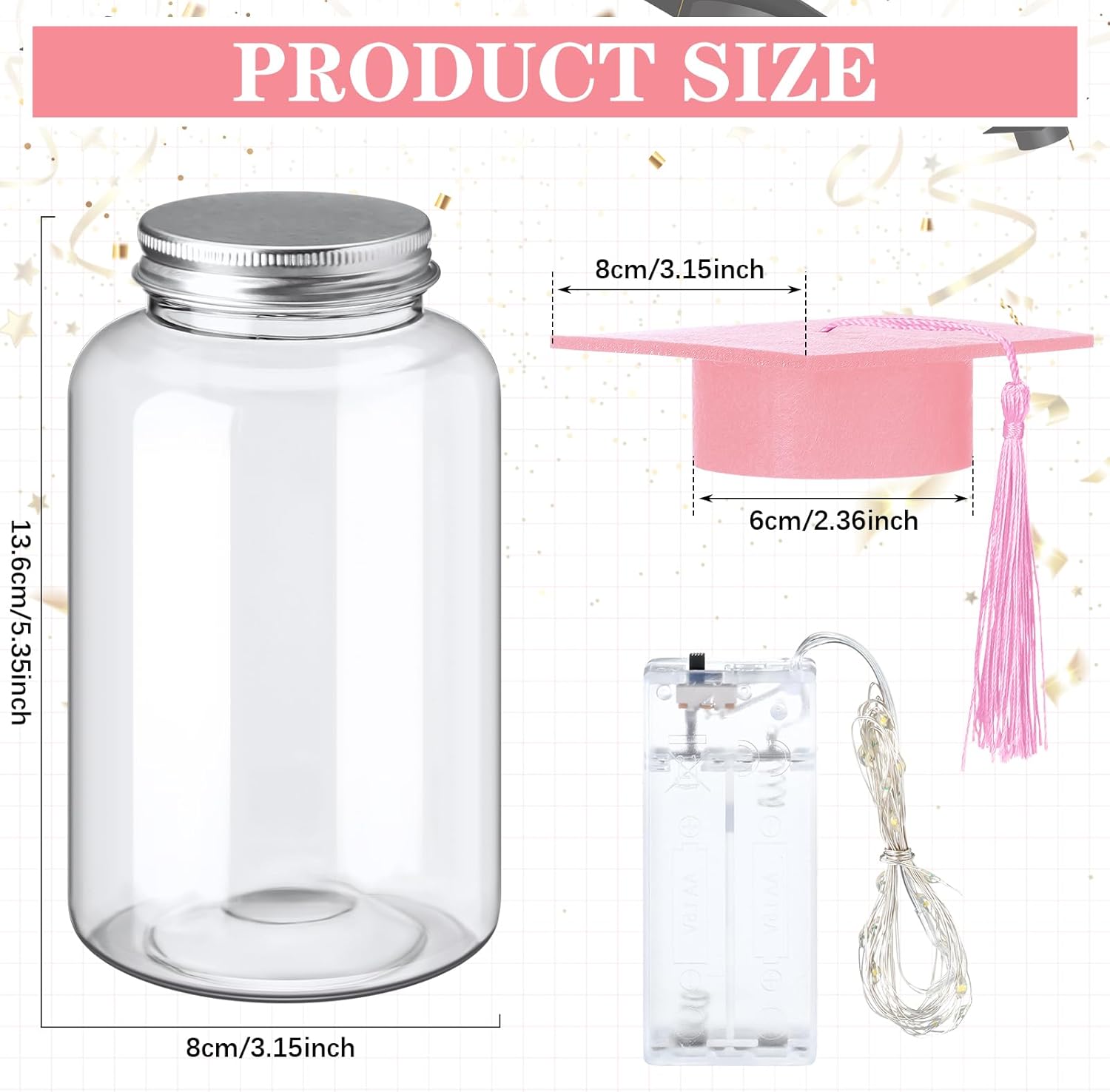 Boao 16 Sets Graduation Table Decoration Set with LED Light up Graduation Decorations for Class of 2026, Grad Jar, Felt Grad Hat and Stickers for High School College(Pink,Vivid)