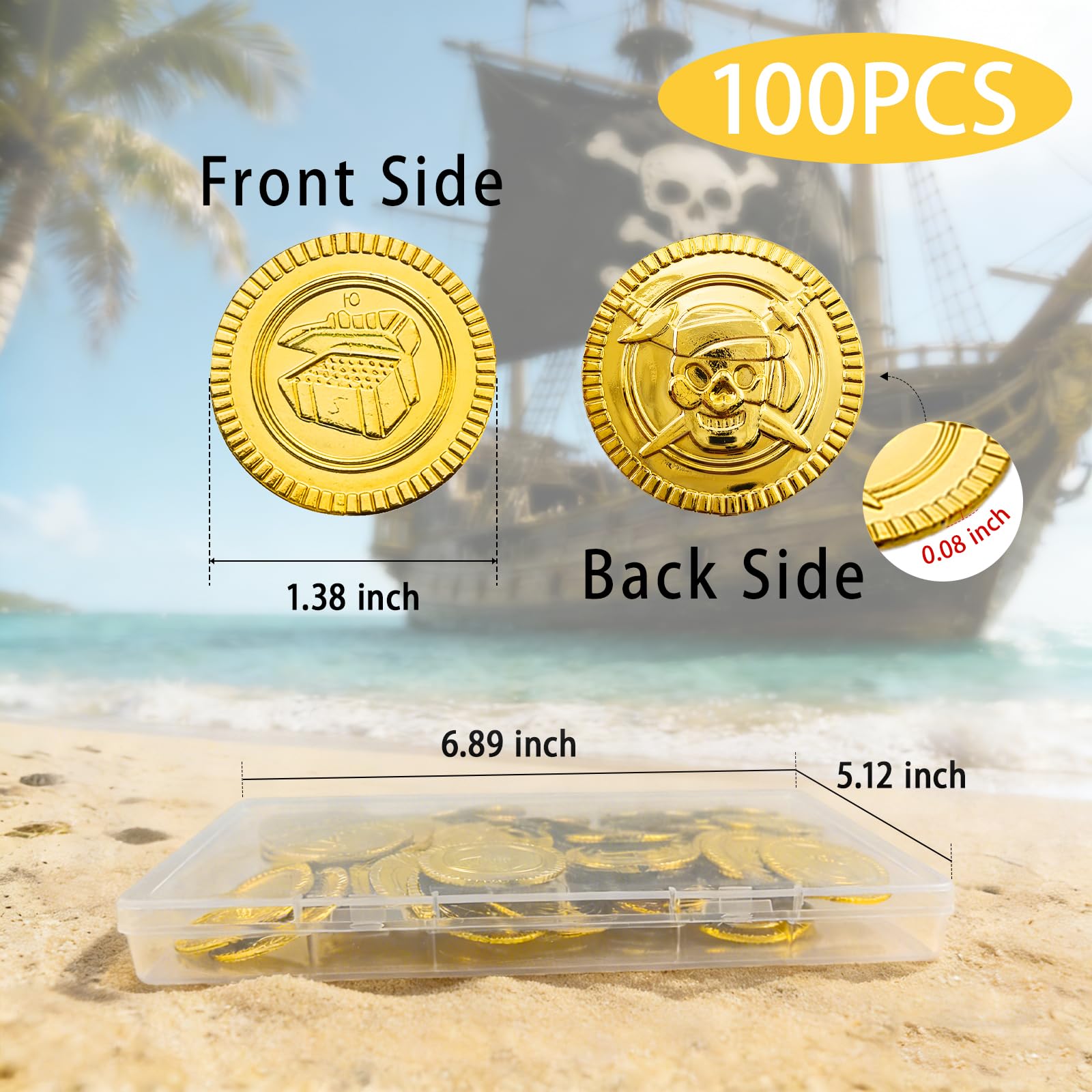 100 Piezas Piratas Monedas Juguete plástico Set | con Caja Transparente | Búsqueda del Tesoro Monedas de Oro, | Ideal para Decorar Fiestas de cumpleaños, sorteos de la Suerte, etc.