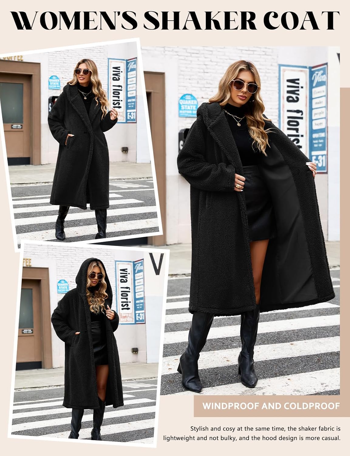 Women's Winter Sherpa Fur Coat - Warm Hooded Faux Fur Cardigan Coat with Pockets and Buttons for Everyday Wear and Traveling - Image 4