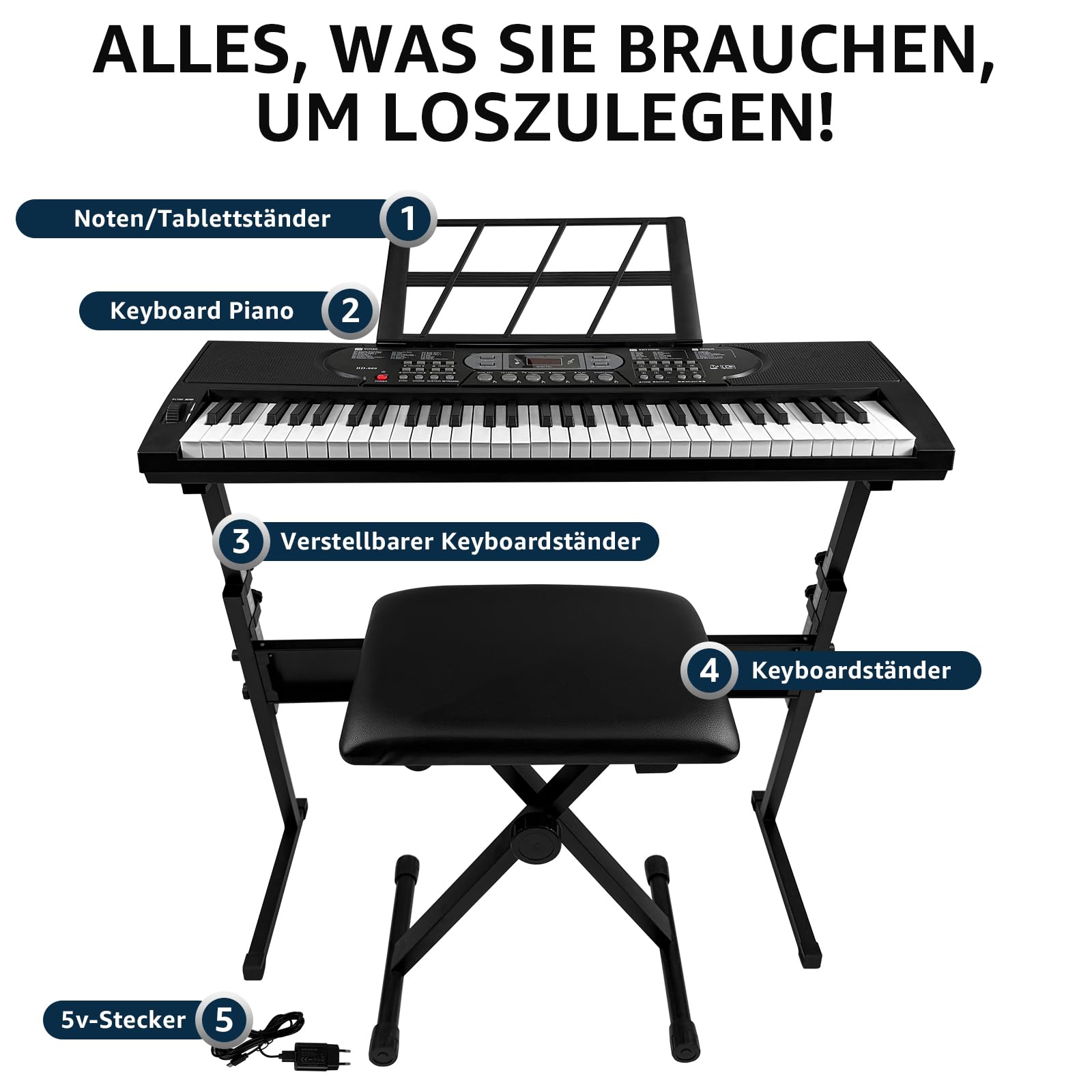 Keyboard Piano 61 Tasten mit Leuchttasten, E Piano für Anfänger, Digitalpiano mit Klavierhocker, Keyboardständer, Notenständer, Mikrofon, mit USB, MIC, AUX & Kopfhörer Anschluss, 3 Lernmodi