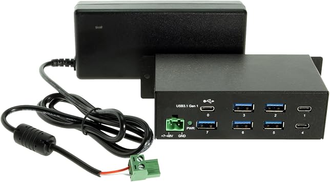 Coolgear USB 3.0 7 Port Hub, 2 Type-C and 5 Type-A Ports, DIN Rail Mountable, ESD Protection, Power Adapter Included