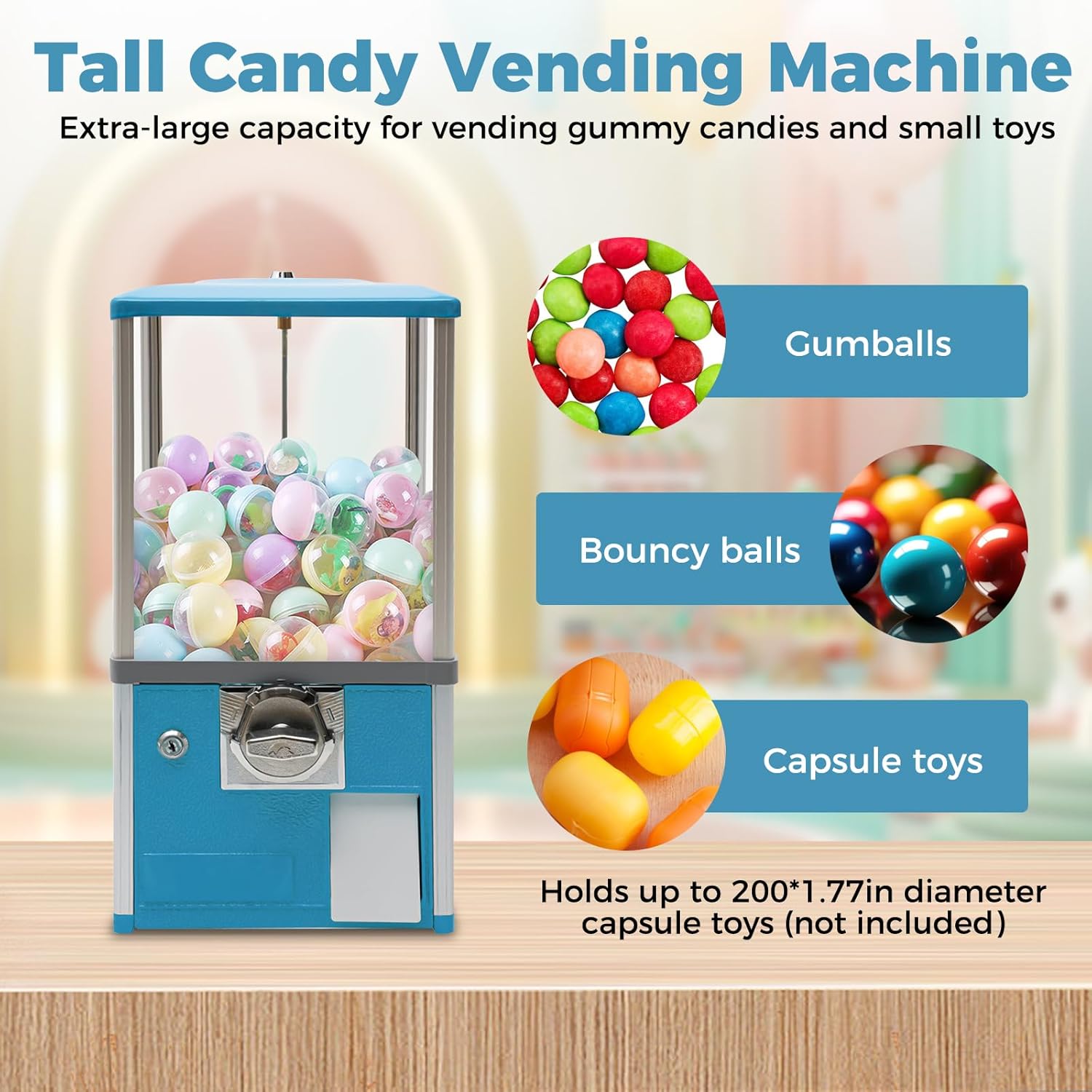 Candy Gumball Vending Machine Dispenser for Business, Capsule Machine Toy/Capsule Vending Machine Dispenser for 25 Cent Coin Only, Candy Machine for 2 25 Cent Coins Per Side(Blue)