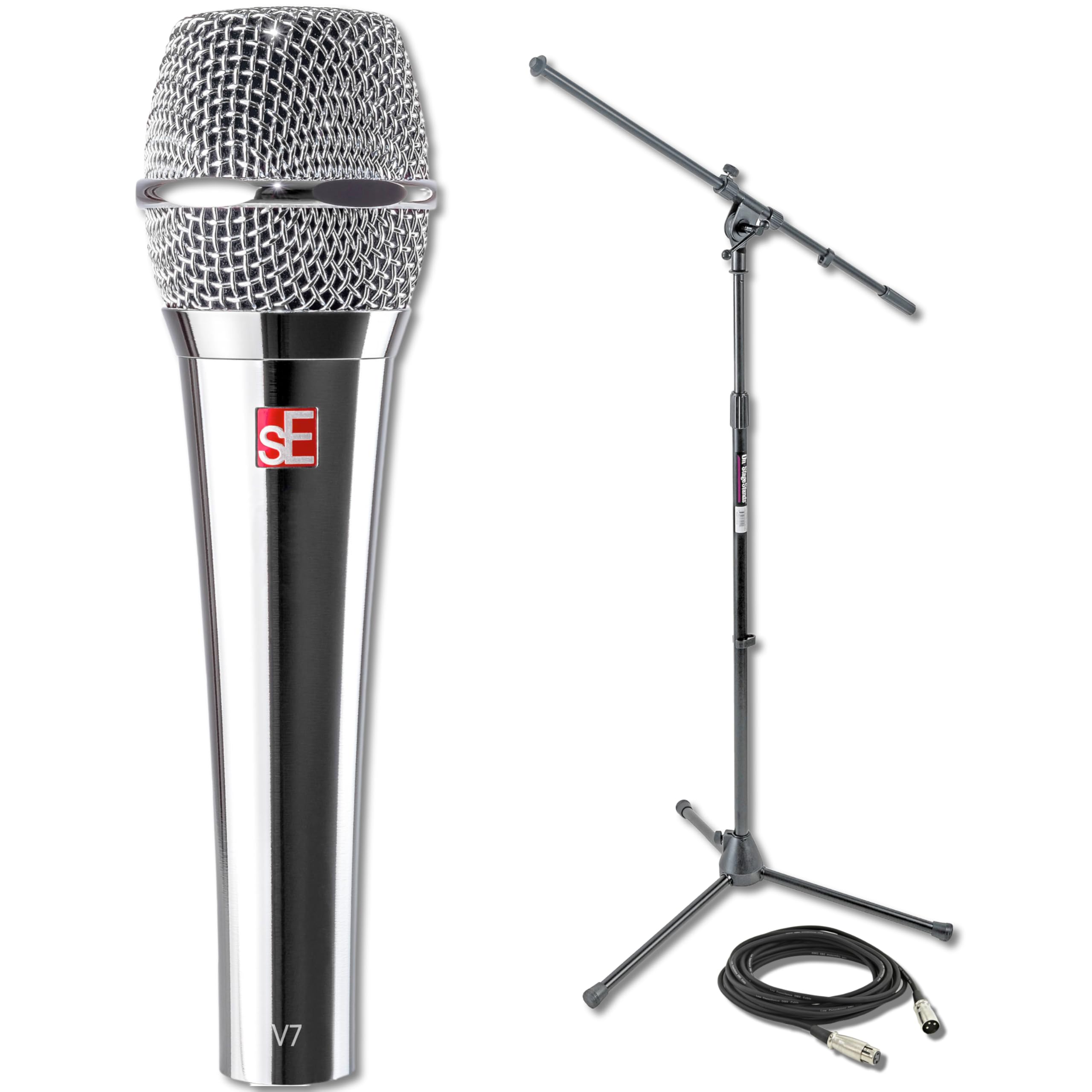sE Electronics V7 (Chrome) Supercardioid Dynamic Handheld Vocal Microphone with Tripod Microphone Stand and XLR Cable