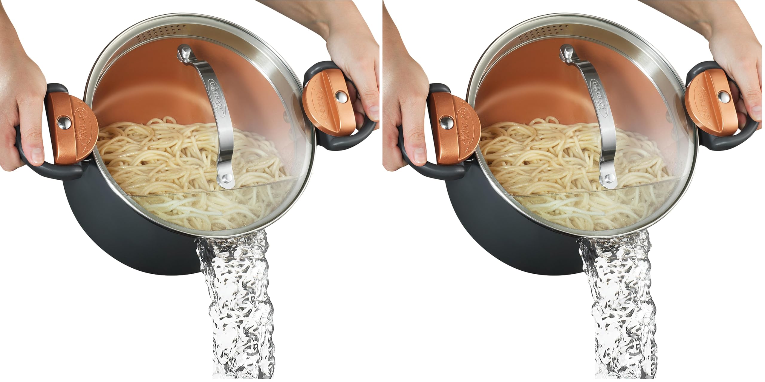 Gotham Steel 5 Quart Stock Pot Multipurpose Pasta Pot with Strainer Lid&amp;Twist and Lock Handles,Nonstick Ceramic Surface Makes for Effortless Cleanup with Tempered Glass Lid,Dishwasher Safe,(Pack of 2)