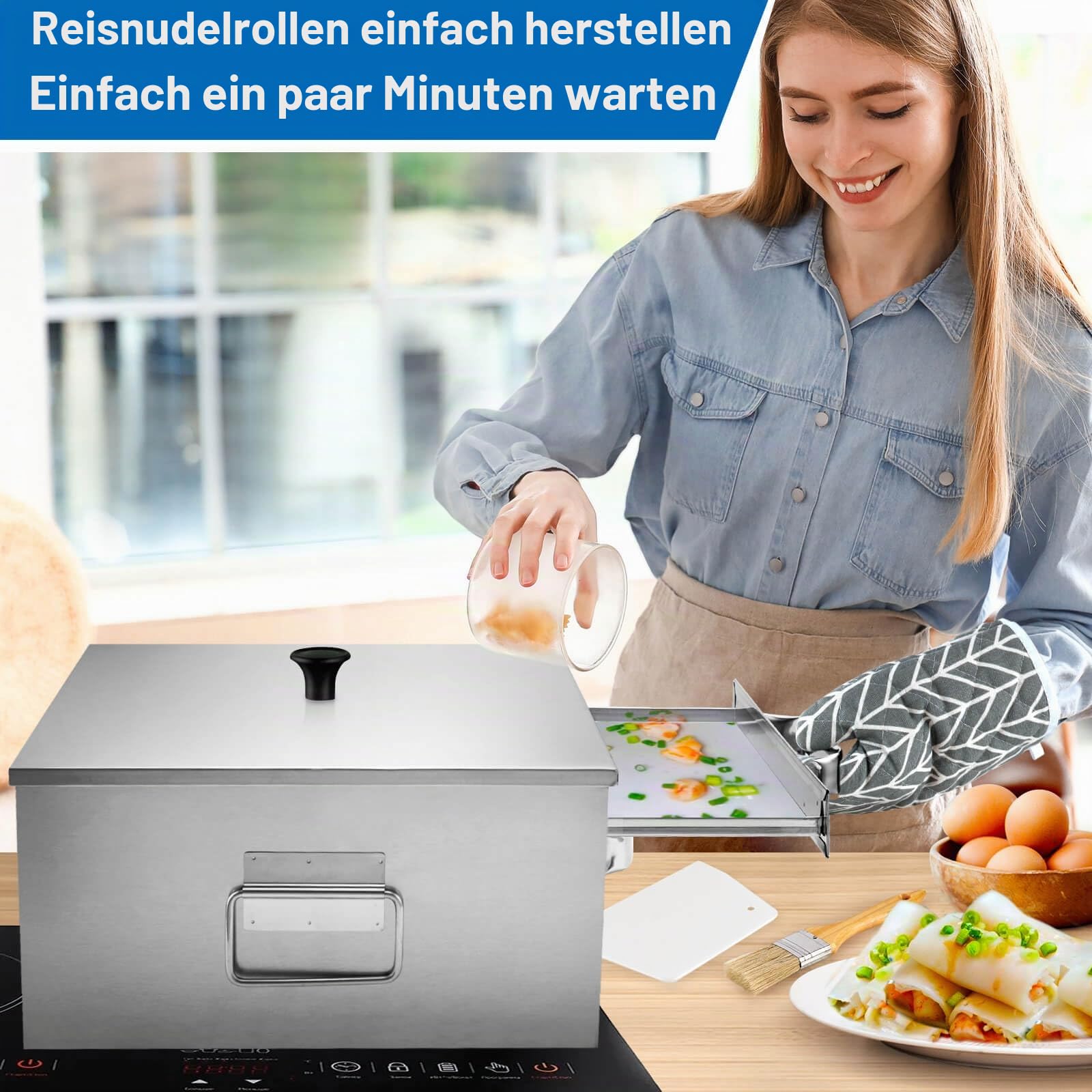 2-lagiger Reis-Nudel-Rollen-Dampfgarer, Edelstahl für Heimkocher | Mit extra Dampfschale, oben offenes Design, für chinesische Cheung Fun Küche Rezepte, Induktionskochfeld kompatibel