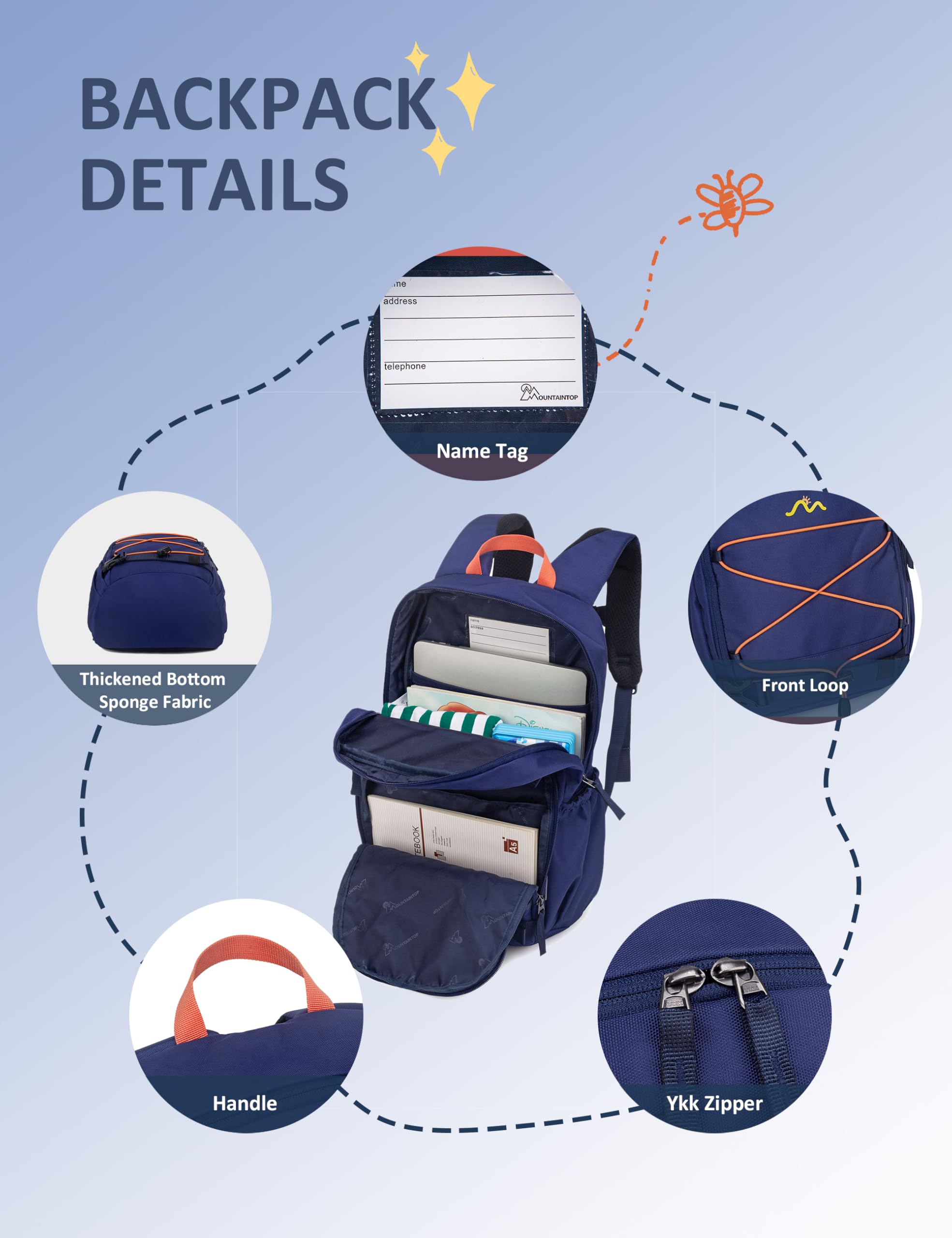 Mountaintop 15L/18L Cartable Fille Garcon Primaire Sac à Dos Enfant | 4-8 Ans avec Sangle de Poitrine Léger Sac A Dos Petit Cartable Fille Petit pour Voyage Randonnée