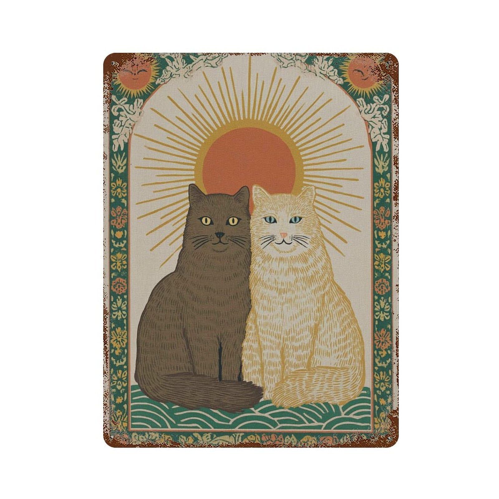 xiaoxiaoshen Cat – Inspired Feline Work Sun And Moon Cats Mystical Boho Celestial Wall Decor Art Metal Tin Poster Modern Home Decor Art Home Bar Shop Decorations Vintage Sign 40x30cm
