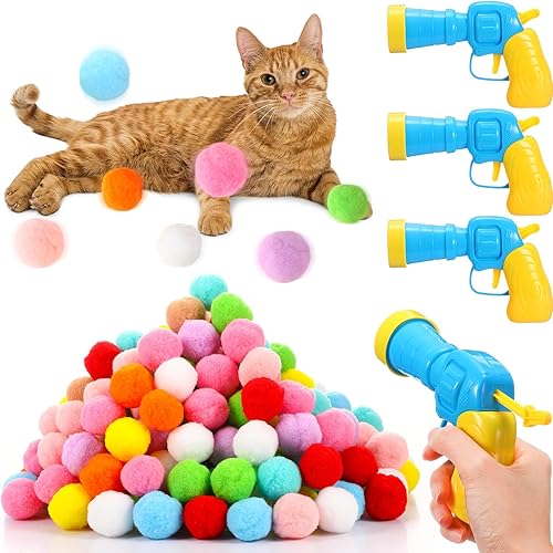 Miniatura 1 de Meooeck 4 bolas de juguete para gatos con 200 bolas de pompones de gato, coloridas y suaves, juguete de bola interactiva para gatos de interior,