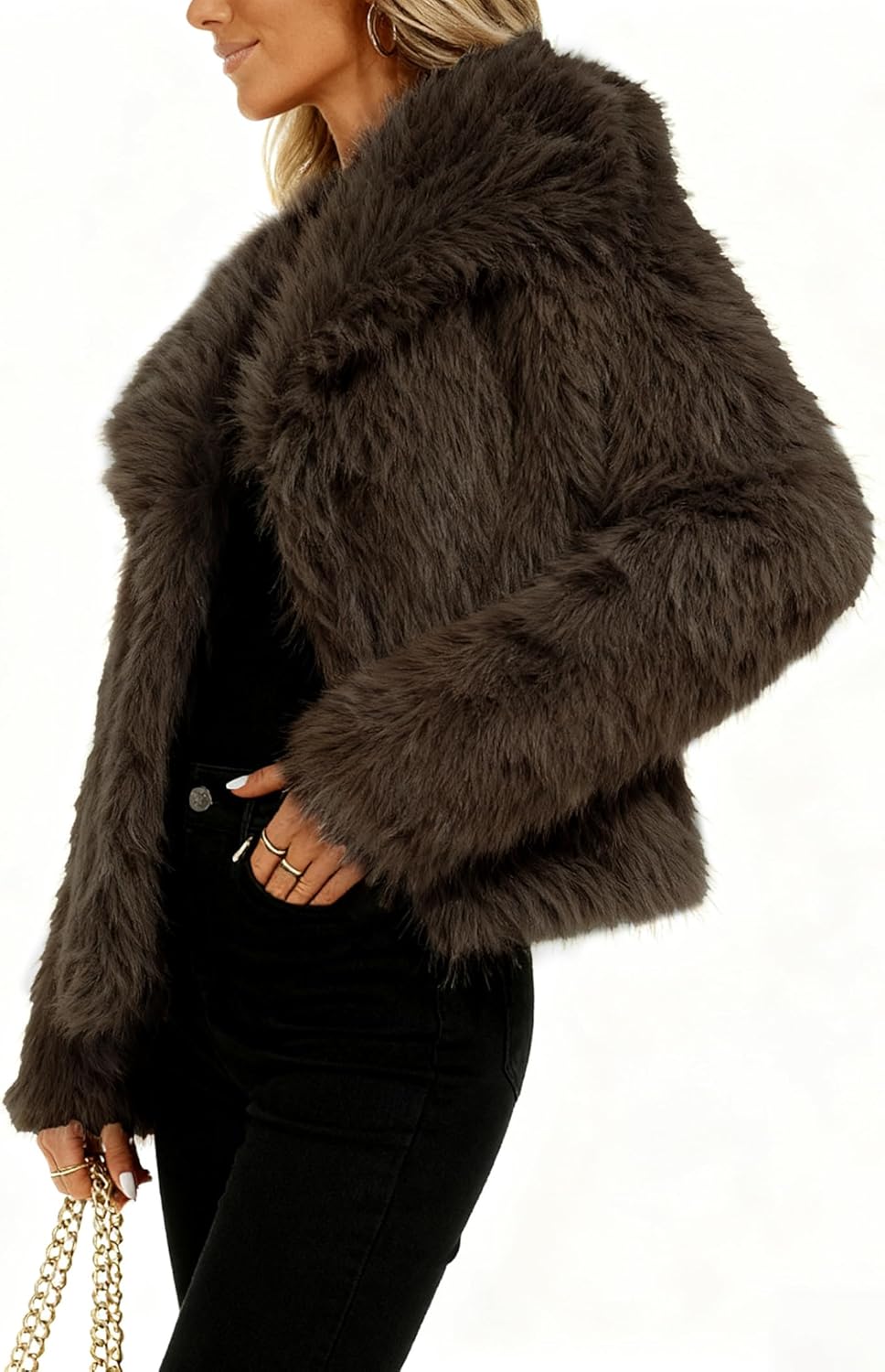 Funlingo Women's Faux Fur Coat Winter Long Sleeve Lapel Cropped Jacket Warm Shaggy Overcoat - Image 3