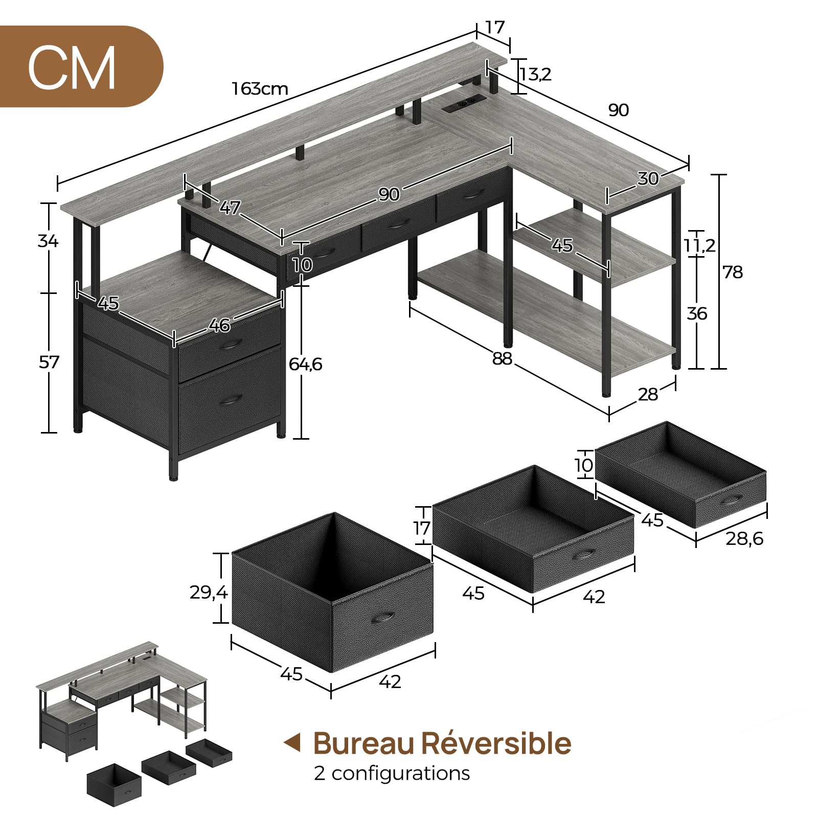 Seventable Bureau d'ordinateur en Forme de L avec Ports USB (Gris)