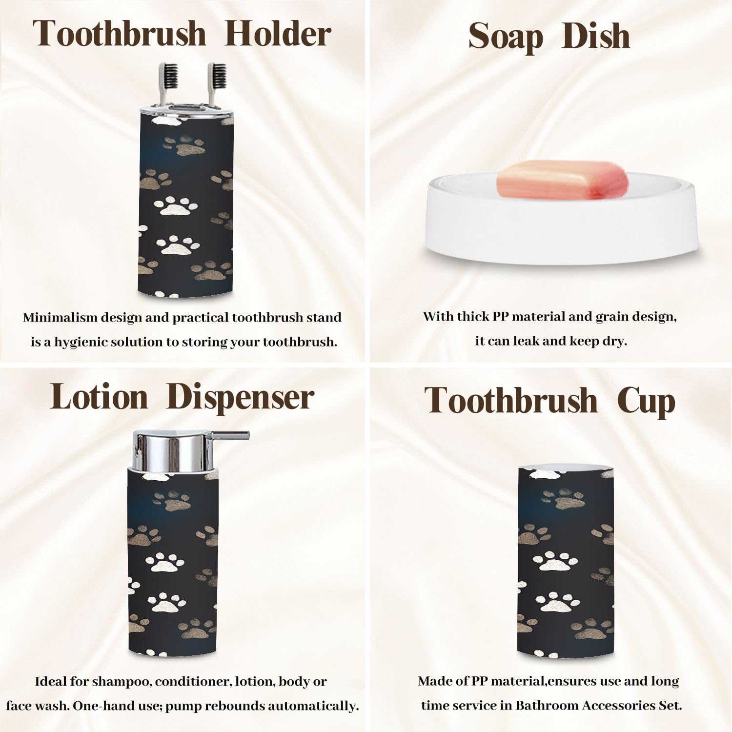 Bathroom Accessory Set 6 Piece Paw Seamless Traces Textile Cute Graphic Ornament Trash can, Toothbrush Holder, Soap Dispenser, Soap Dish, Toothbrush Cup, Toilet Brush Holder