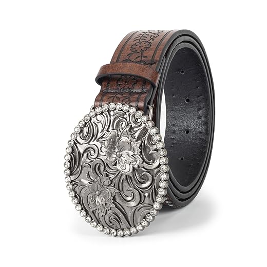 Womens-Western-Belt Rhinestone-Cowboy-Cowgirl Belt - Embossed PU-Leather Belt with Diamond Flower-Buckle(for 31-38'')