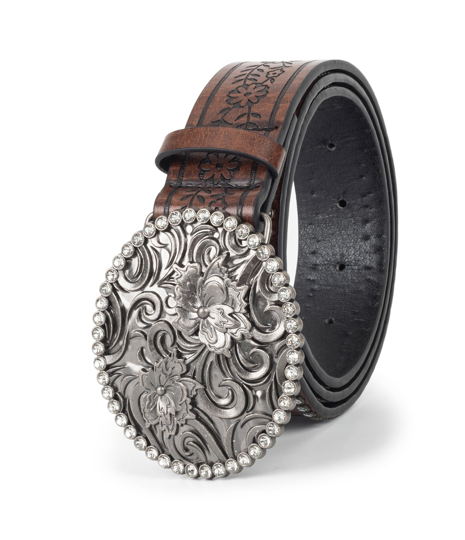 Womens-Western-Belt Rhinestone-Cowboy-Cowgirl Belt - Embossed PU-Leather Belt with Diamond Flower-Buckle(for 31-38'')