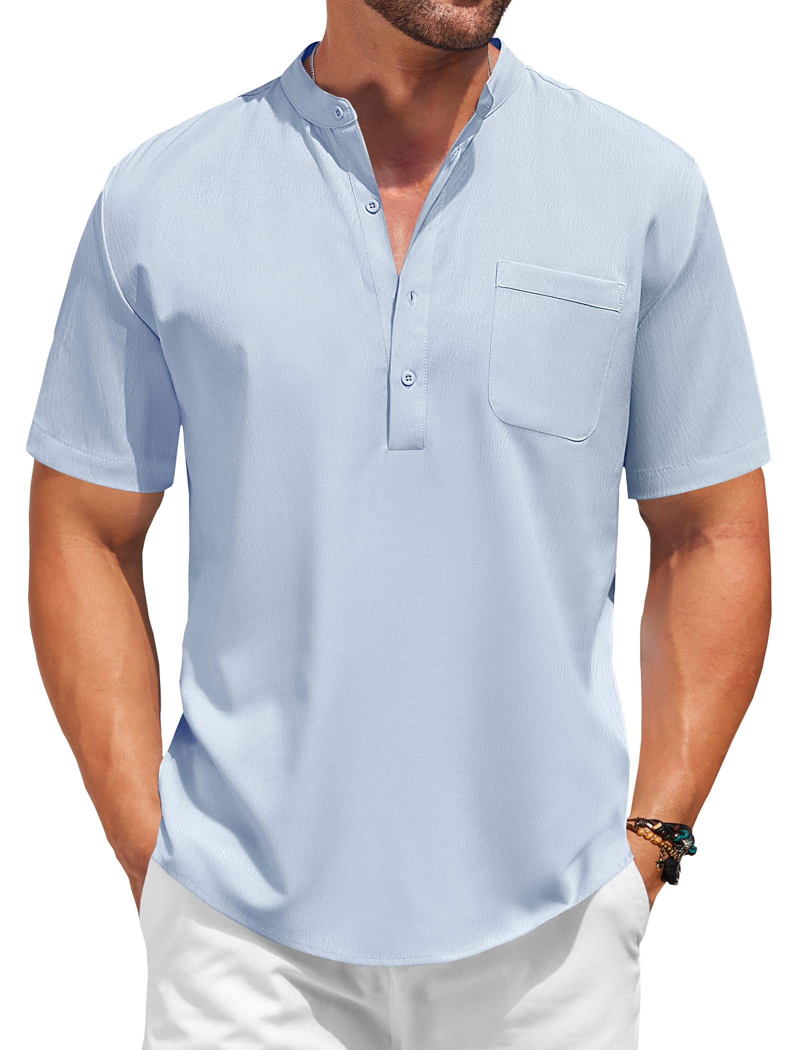 COOFANDY Men's Casual Henley Shirt Short Sleeve Summer Beach Band Collar Shirt Hippie Henley T-Shirts with Pocket