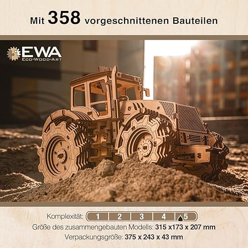 Miniatura 5 de EWA - Modelo de madera mecánico 3D - Tractor de bricolaje con sistema Start-Stop, motor de seis en línea y más - Rompecabezas de madera 3D para