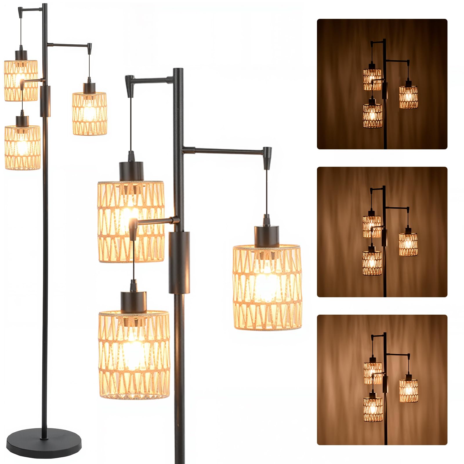 Lámpara de pie de ratán regulable de 3 luces, 157 cm, estilo bohemio campestre. Lámpara de pie industrial con forma de árbol, 3 bombillas LED de 4 W, pantalla de ratán de 3jaulas e interruptor depie
