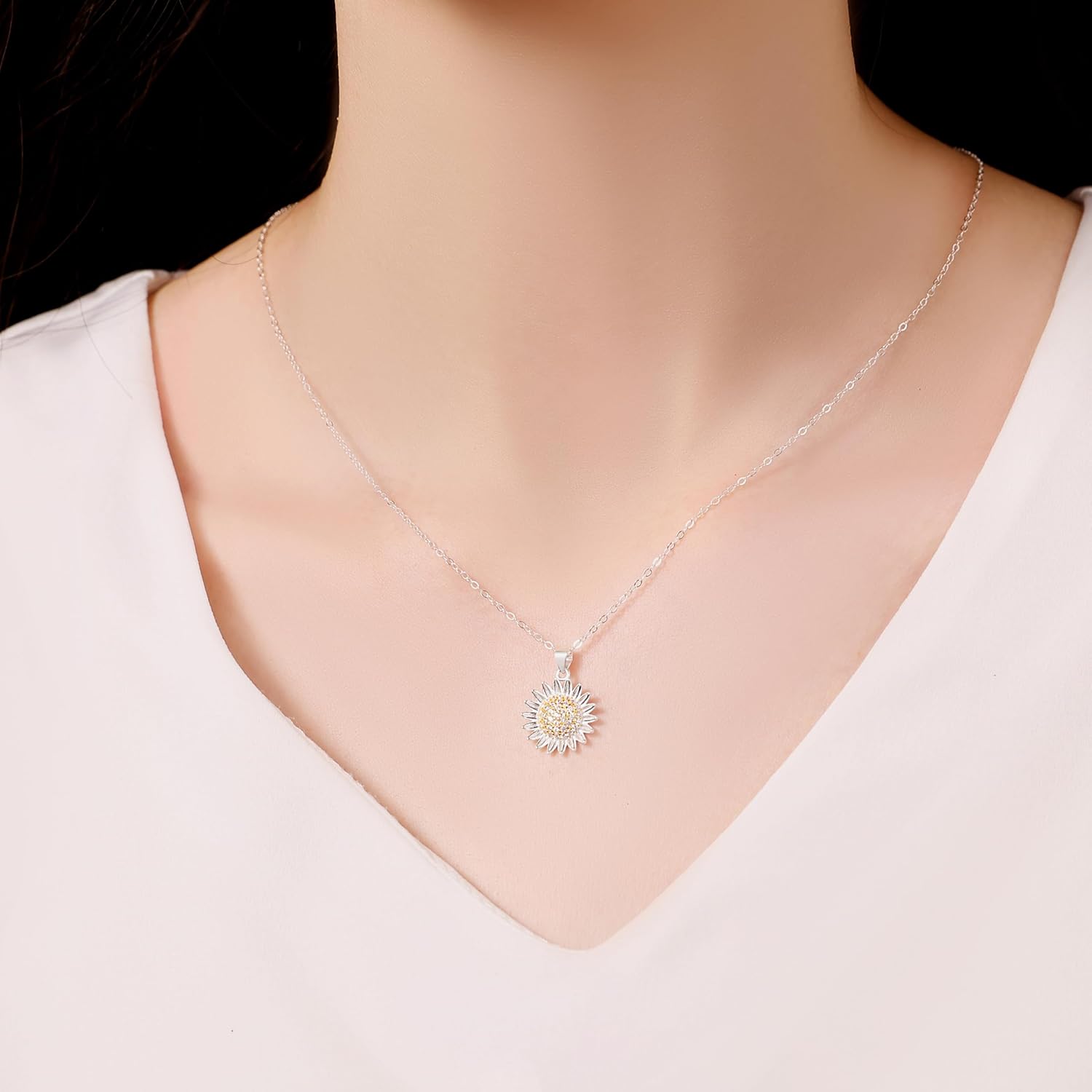 Sunflower Necklaces for Women, 925 Sterling Silver Cubic Zirconia Sunflower Necklace, Inspirational Gifts, Christmas Birthday Gift