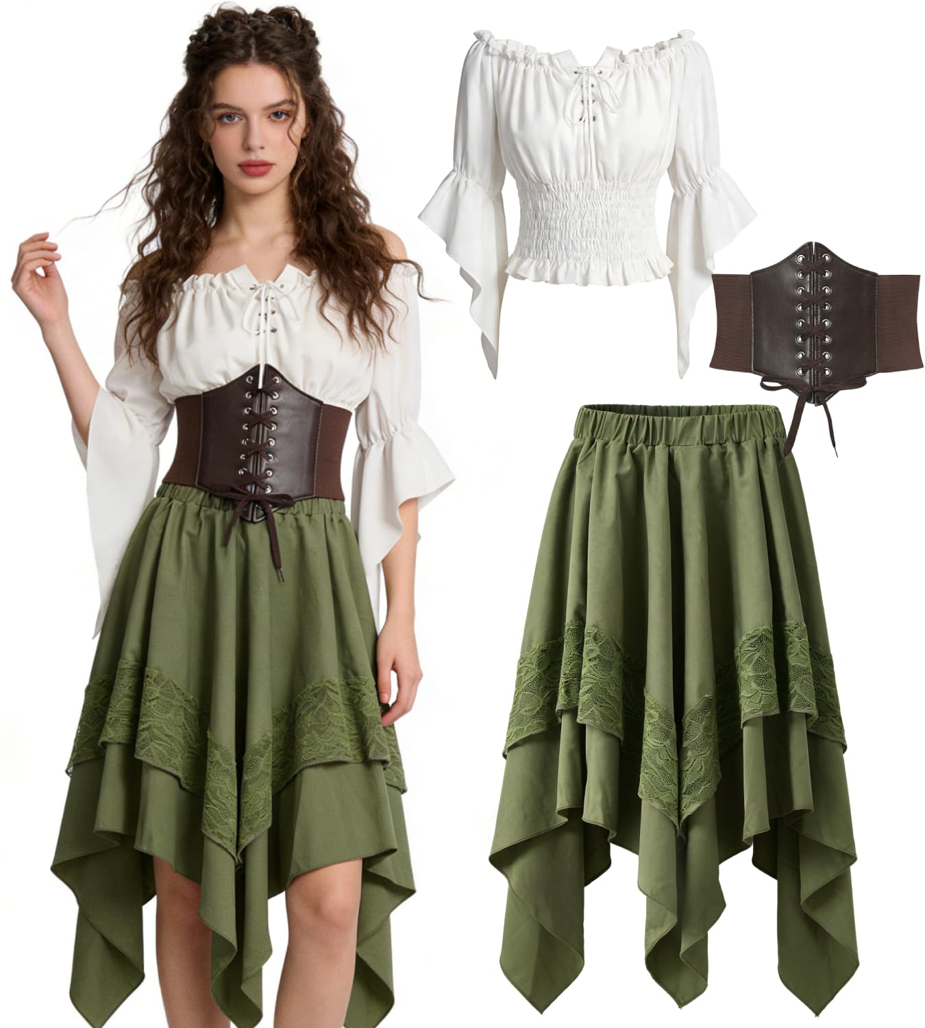 Damen Piratenkostüm Mittelalter Kleid Gothic Outfit mit Gürtel Weiße Bluse & Rock Set, Festival Outfit für Karneval Halloween Party