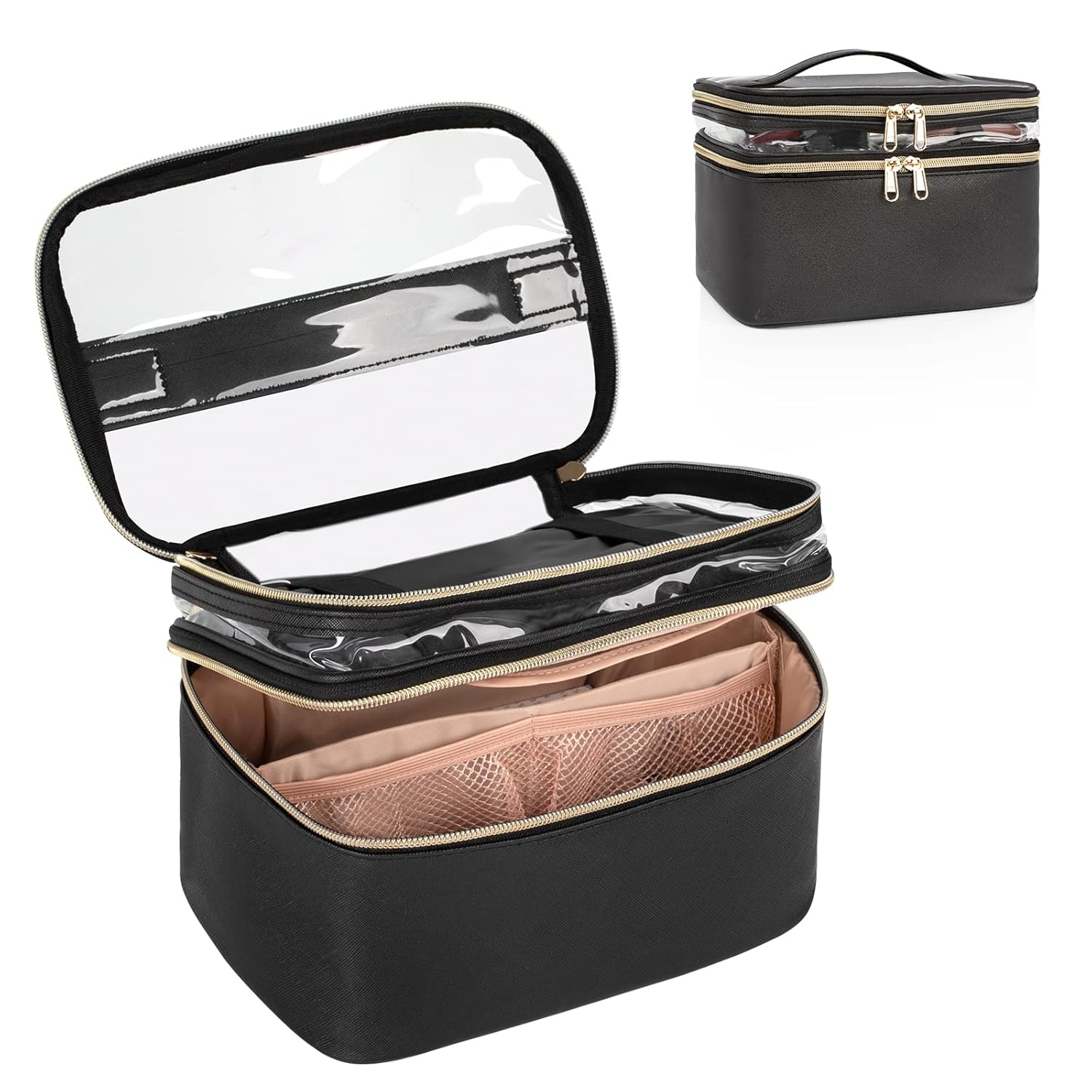 Sonia Kashuk Train Case Organizer with Golden Zippered Mesh Compartments - Black