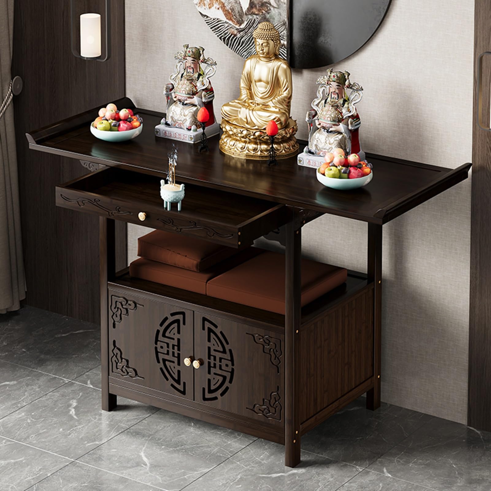Niche Bouddha chinoise pour petits espaces et table d'autel de méditation