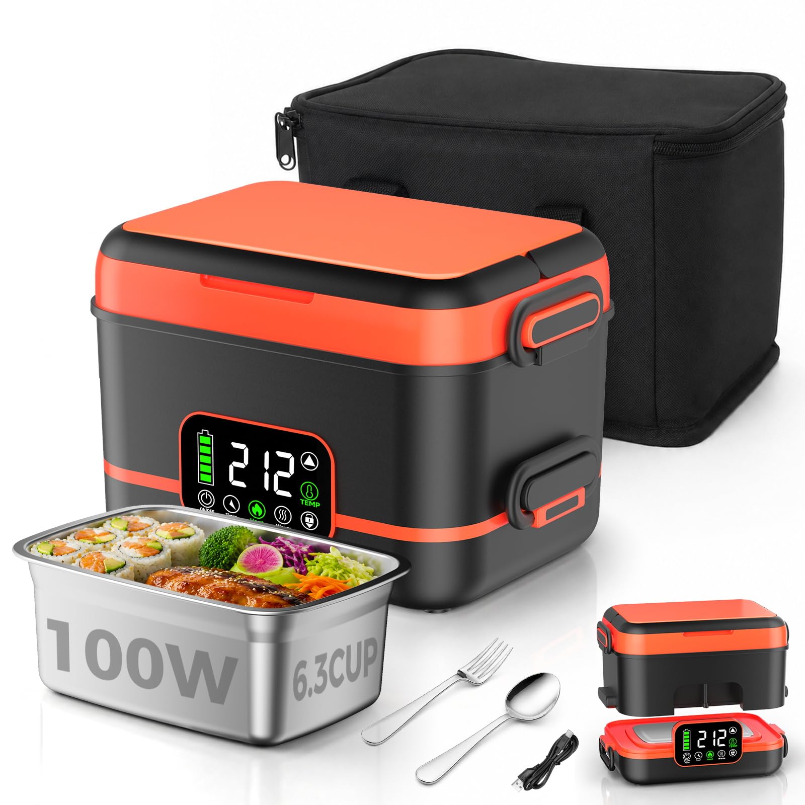 Photo 1 of QUVIF Cordless Heated Lunch Box 100W 6.3 Cup Orange