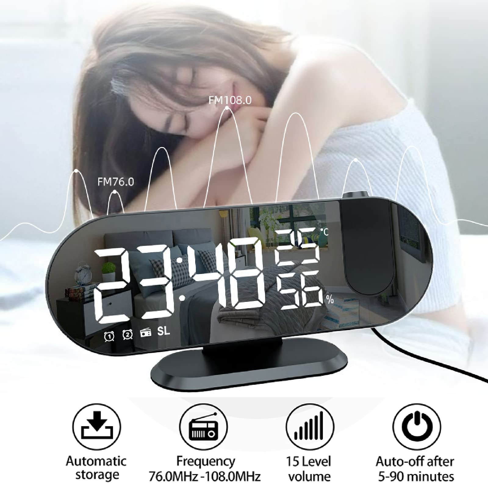 Reloj Despertador Inteligente Digital LED, Radio FM, Proyector De Tiempo De 180 °, Función De Repetición, Reloj Despertador, Reloj Electrónico De Despertador USB De Escritorio,Blanco