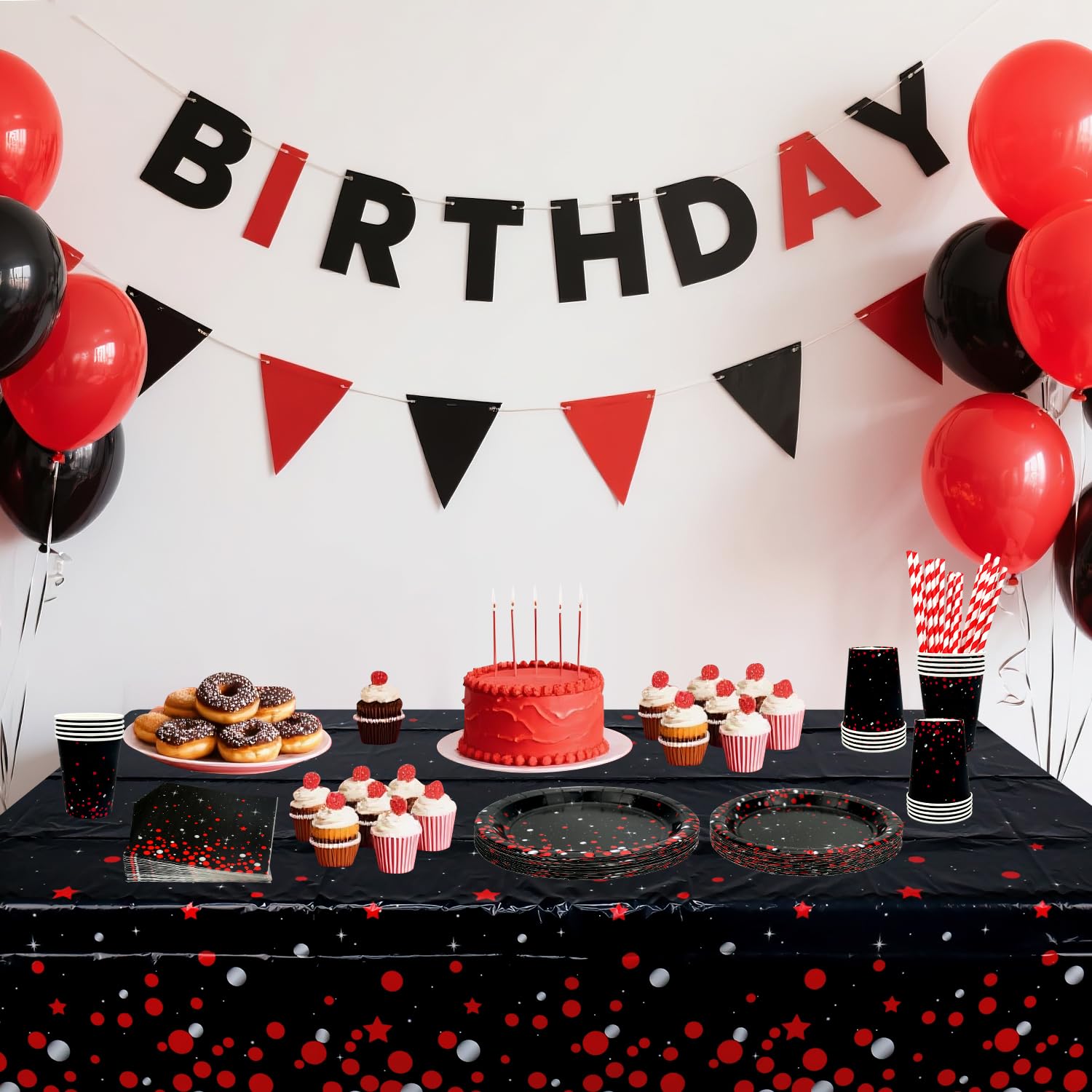 Decorazione per feste rosso e nero - Stoviglie di compleanno rosso e nero con piatti, bicchieri, tovaglioli, tovaglie, cannucce - per 20 persone