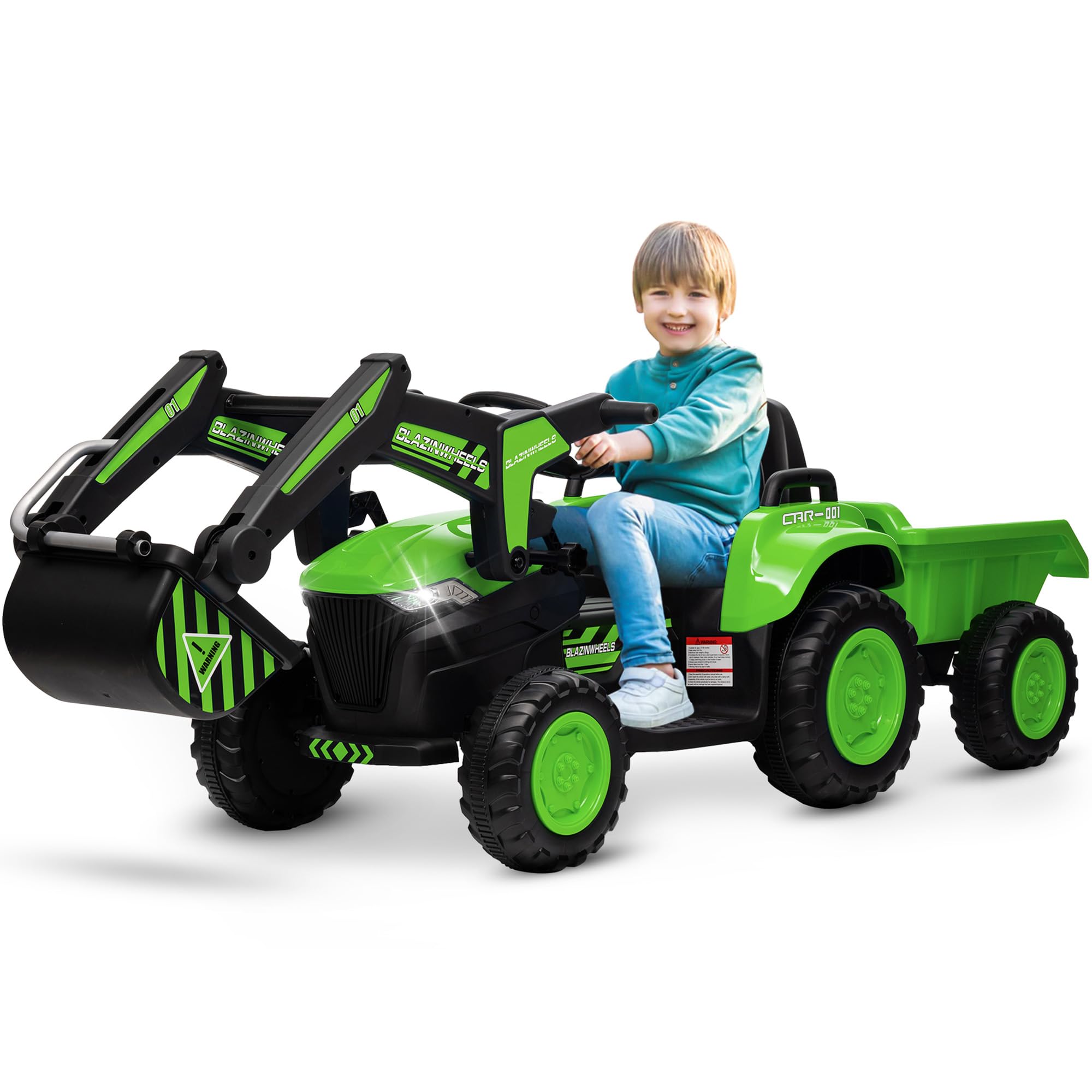 Hetoy 12V 3 in 1 Kids Ride on Excavator & Tractor with Detachable Trailer, Kids Electric Vehicles with Remote Control, Digger, LED Lights, Music, Ride on Car Toy for Boys Girls, Green