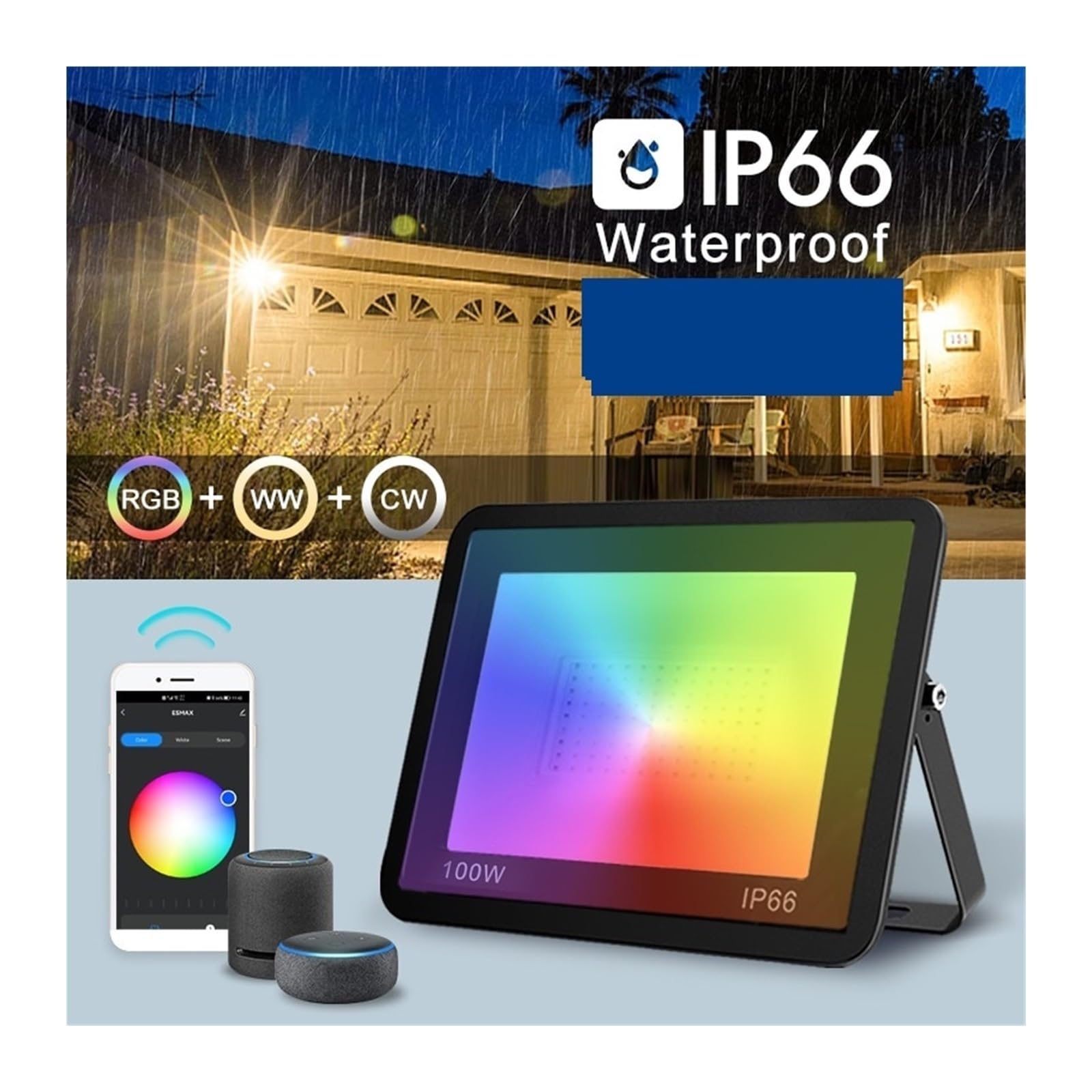 Proiettore per esterni, Faretto RGB Smart APP Controllo vocale CCT 3000-6500K 50W 100W AC for illuminazione esterna for feste in giardino(50W)
