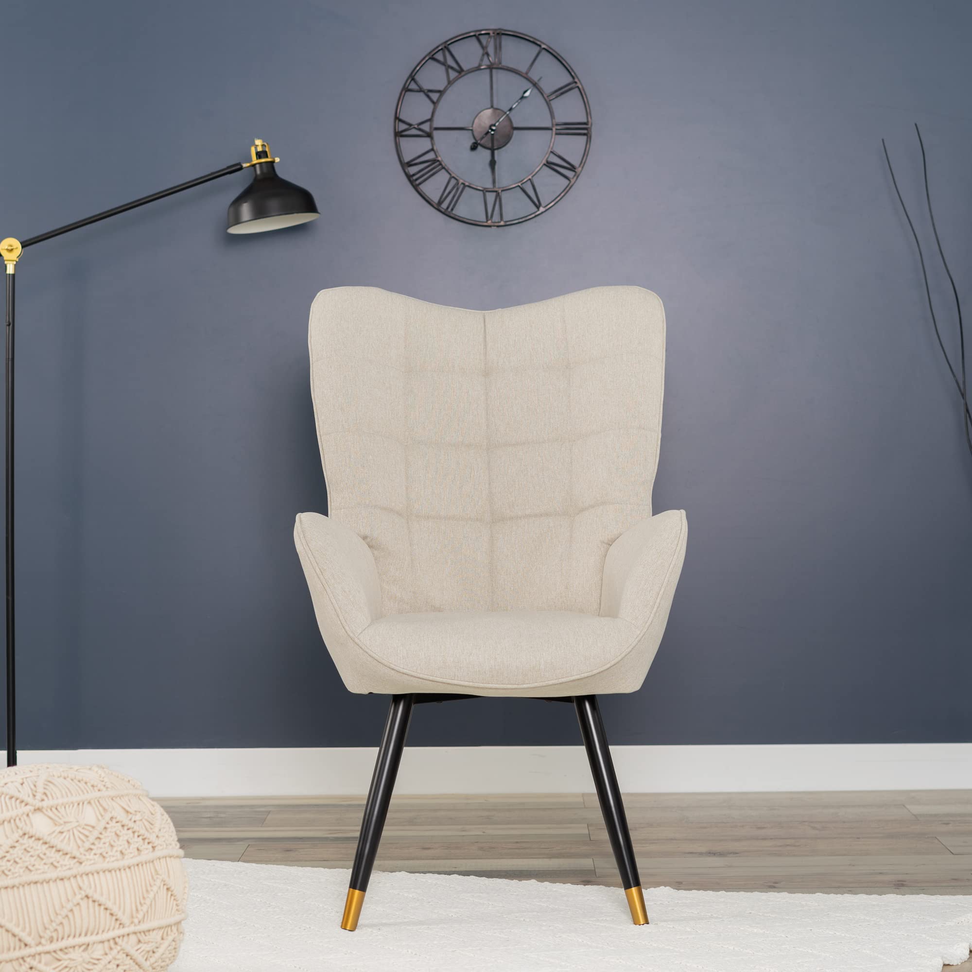 MEUBLE COSY Fotel relaksacyjny z oparciem, tapicerowana, pojedyncza sofa z pozłacanymi metalowymi nogami, fotel z uszami, do salonu, sypialni, biura, Vanity, tkanina, beżowy