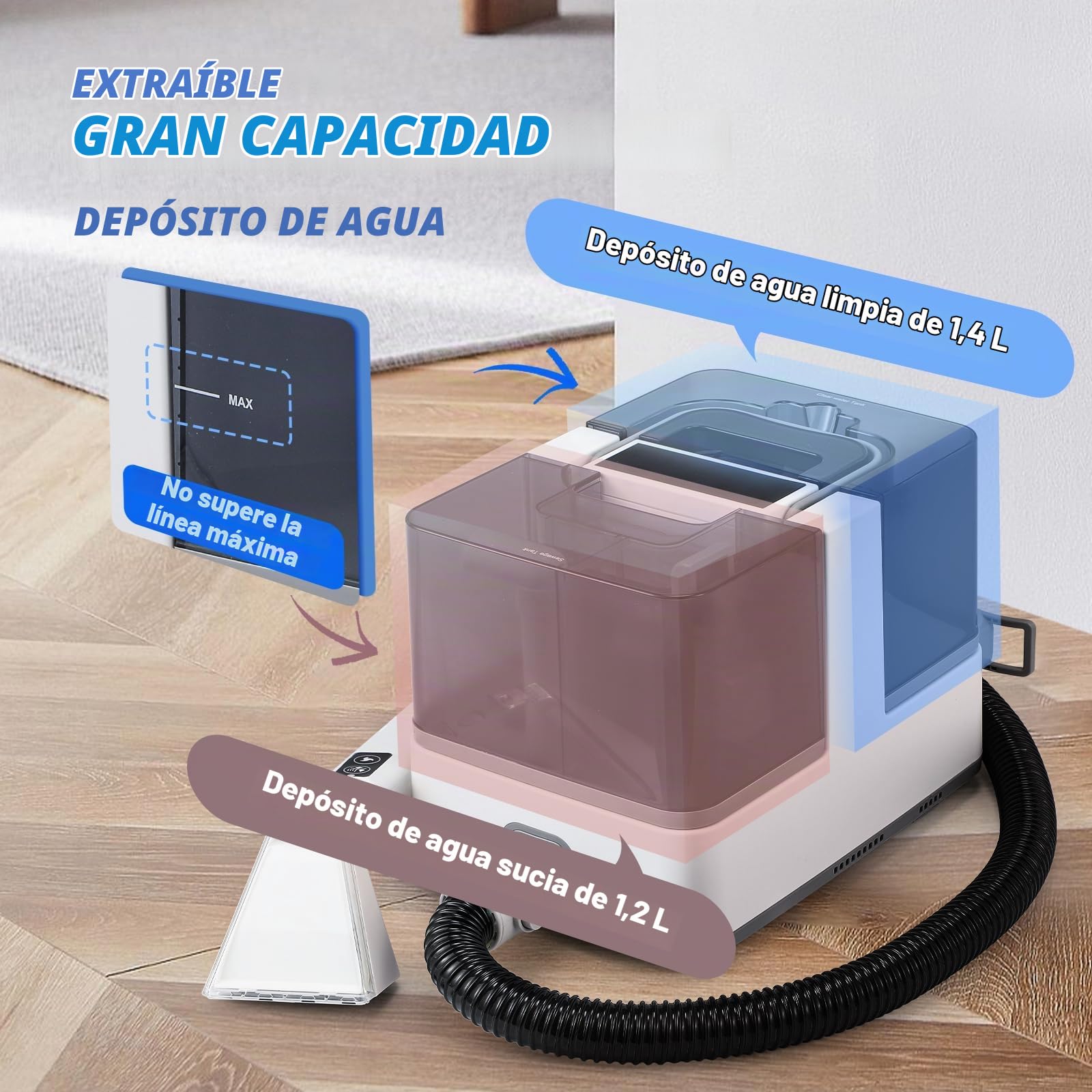 Moongiantgo Aspiradora de Agua Tapiceria con Vapor/Caliente/Fria, Limpiador de Tapicerias 1300W, 13kPa Succión, Tanque Desmontables 1.2L+1.4L, Limpia Tapicerias Sofa para Alfombras/Más/Auto (Blanco)