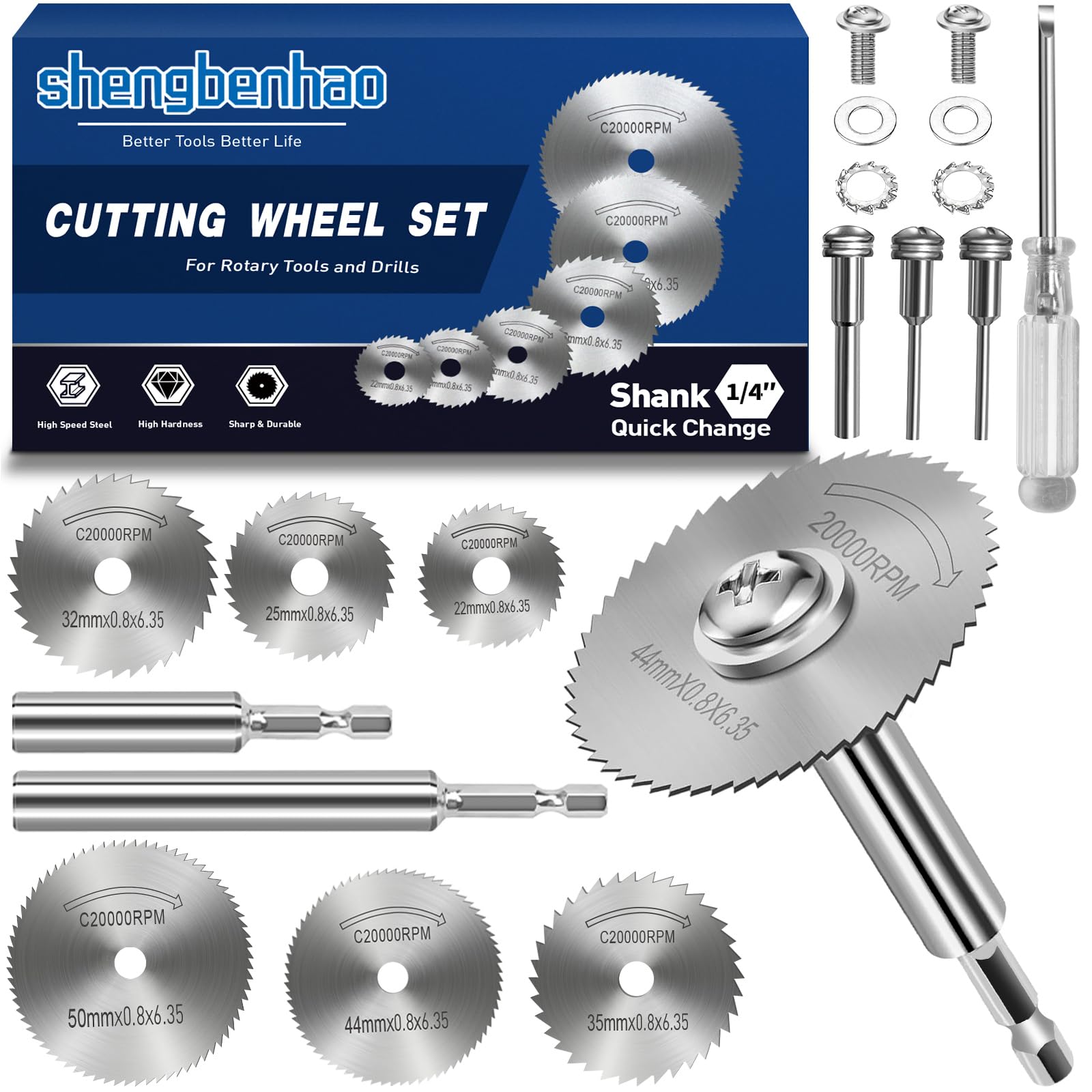 shengbenhao Rotary Drill Saw Blades, 6Pcs HSS Circular Saw Blades Cutting Discs, 2pc 1/4" Hex Shank (100mm+60mm), 1/4" Round Shank, 2pcs Round Shanks for Wood Plastic PVC Pipe Soft Metal Cutting