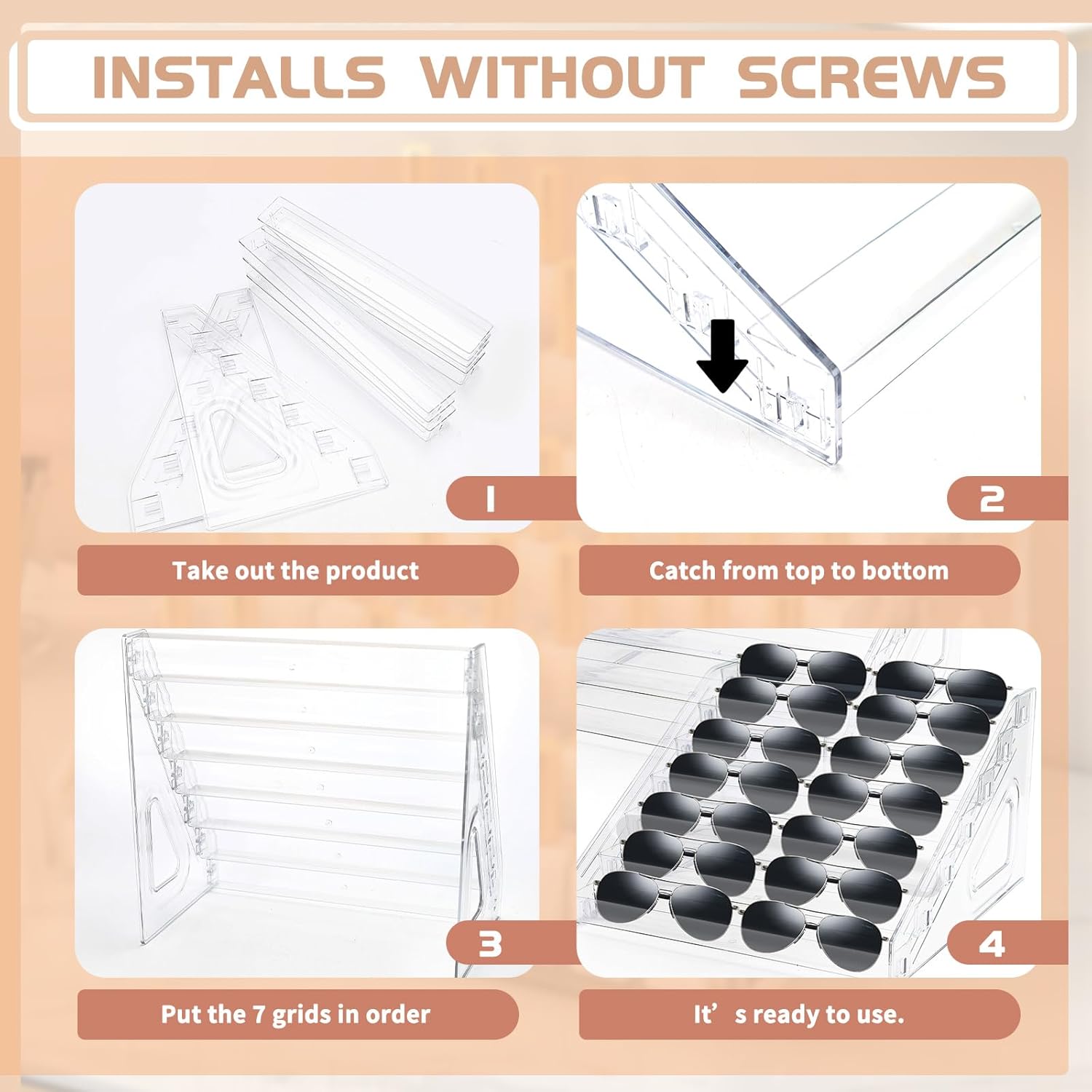 2Pcs Premium Sunglass Organizer Stand,7 Tier Acrylic Holder for Glasses, Nail Polish Display Rack, Organizer for Organizing Sunglasses, Cosmetics, Nail Polish (2 Set)