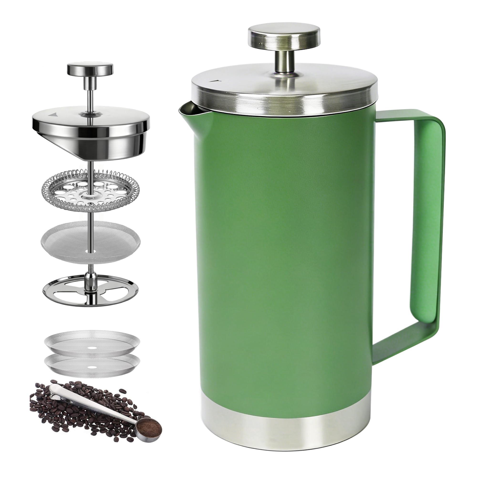 Green 600ml French Press Coffee Maker, Double Wall Stainless Steel, Detachable Filter, Cool Touch Insulated Handle, Easy to Clean, Portable Coffee Brewer for Home, Camping, Single &amp; Couple Use