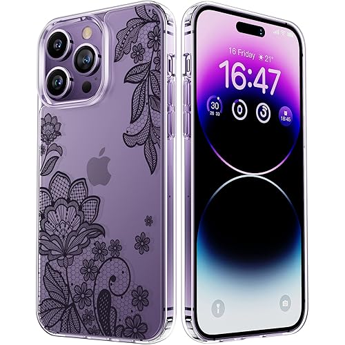ANNGELAS iPhone 14 Pro Max Case - Anti-Fall & Anti-Scratch Drop Protection - Floral Pattern Flower Fashion Designs - Durable Soft & Lightweight TPU - for Women & Girls,6.7 Inch, Laceblack_Clear(N2)