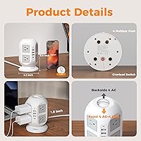 Vista 6 de TESSAN Regleta protectora contra sobretensiones en torre de 10 pies, cable de extensión plano largo con múltiples tomas, 8 salidas de CA con 4