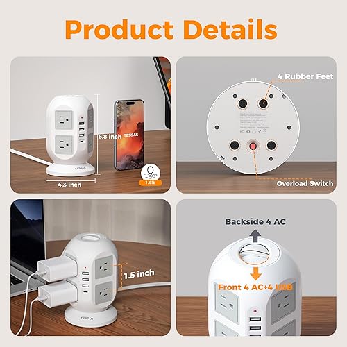 Miniatura 6 de TESSAN Regleta protectora contra sobretensiones en torre de 10 pies, cable de extensión plano largo con múltiples tomas, 8 salidas de CA con 4