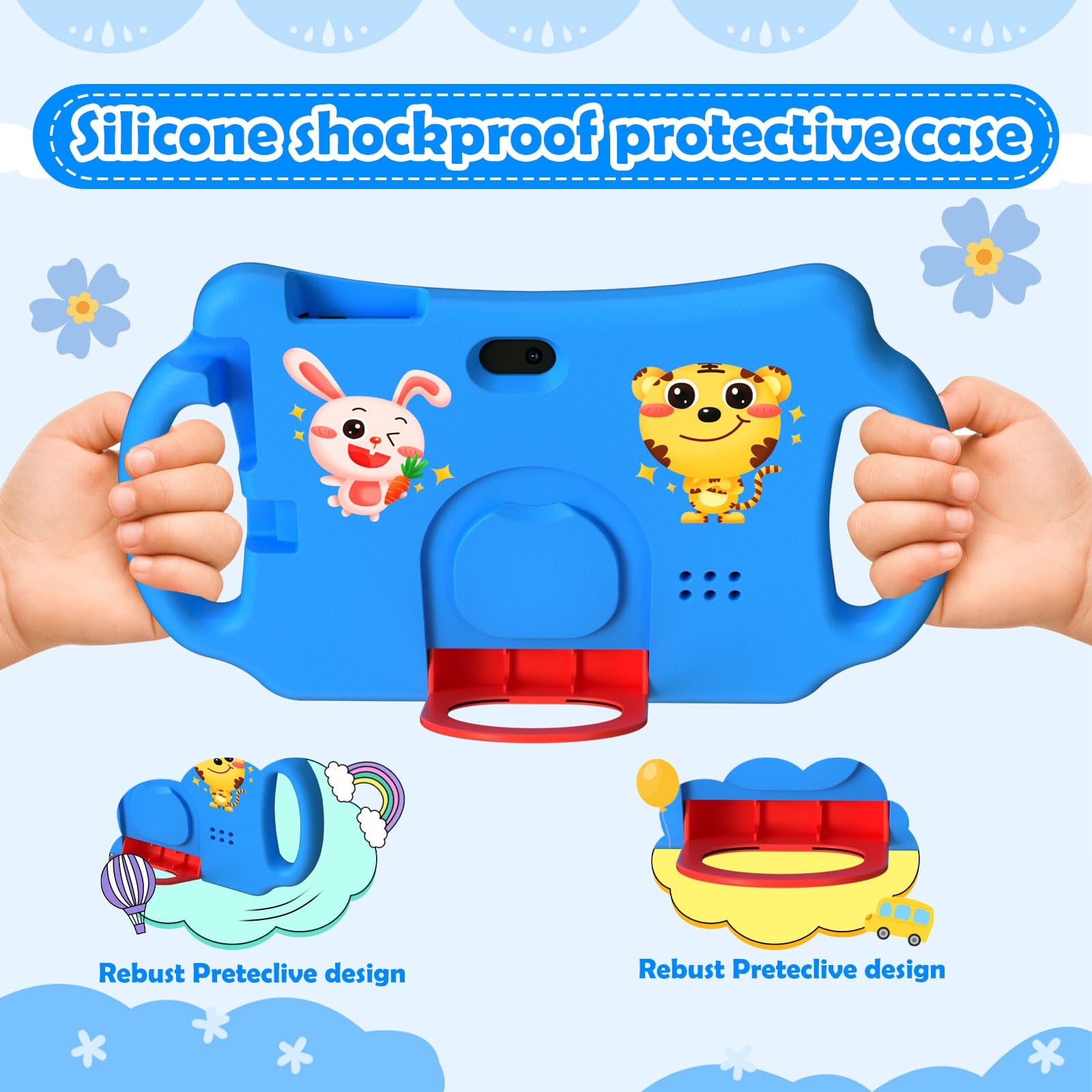 Tablet per bambini 7 pollici Android 12.0 per bambini, 4 GB di RAM 32 GB ROM Bluetooth IPS schermo controllo parentale doppia fotocamera antiurto custodia per giochi educativi (blu)
