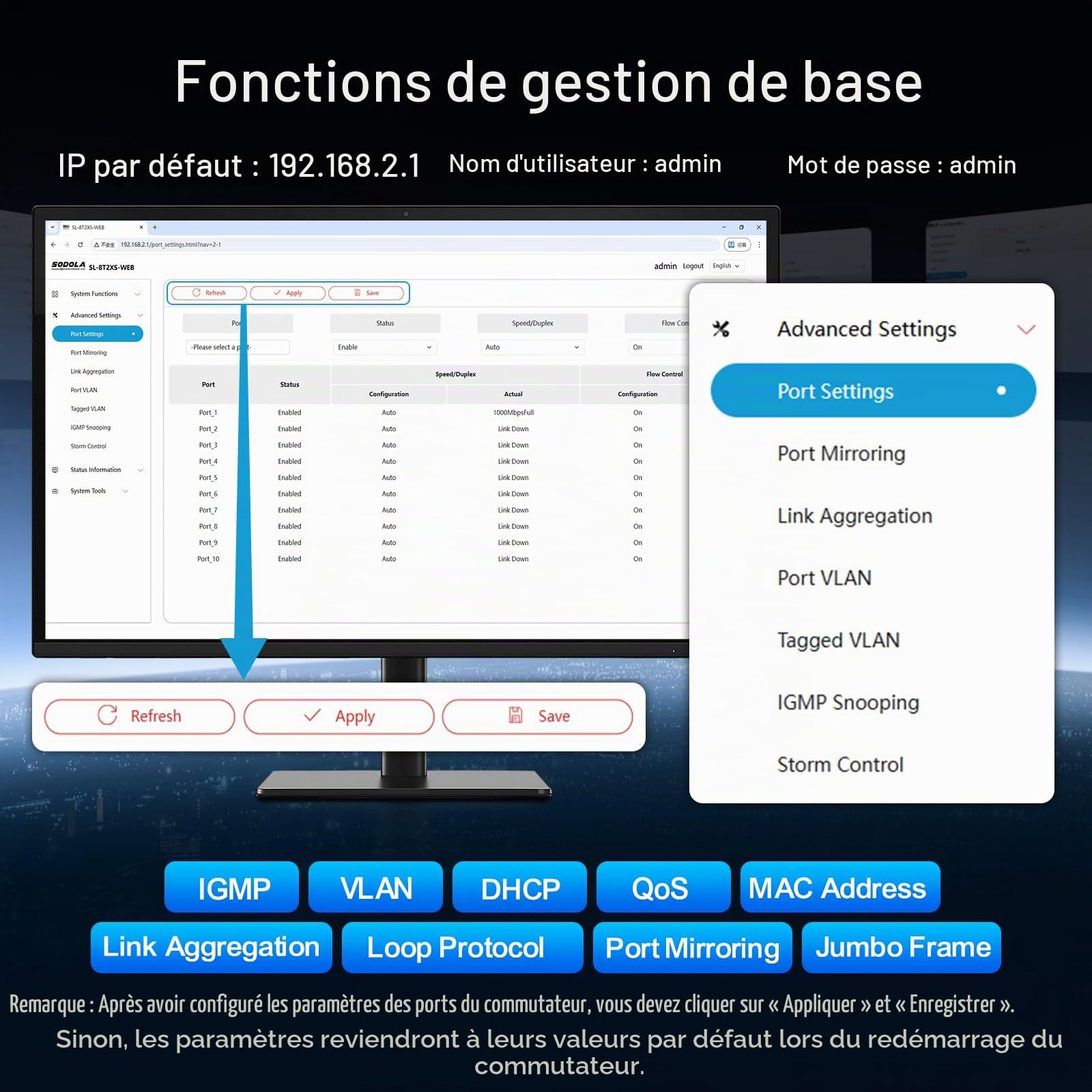 SODOLA Switch 2.5 Gigabit 10 Ports, 8x2.5G Base-T & 2x10G SFP+ | Géré par web, Boîtier métallique, sans ventilateur, LACP/QoS/VLAN/IGMP, montage bureau/mural, adapté aux PC, NAS, serveurs