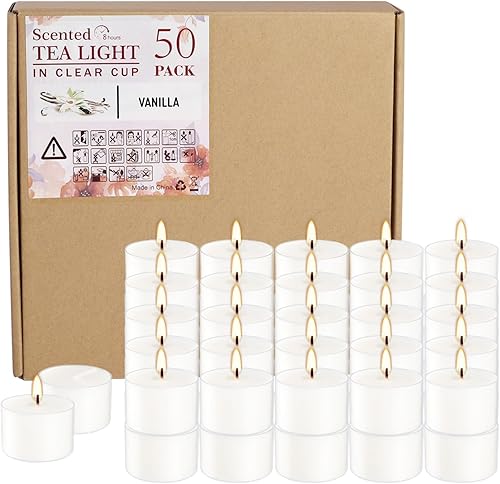 Juego de 50 velas aromáticas blancas a granel, cera de fragancia de vainilla con recipiente transparente, para restaurantes, cenas, bodas, baby