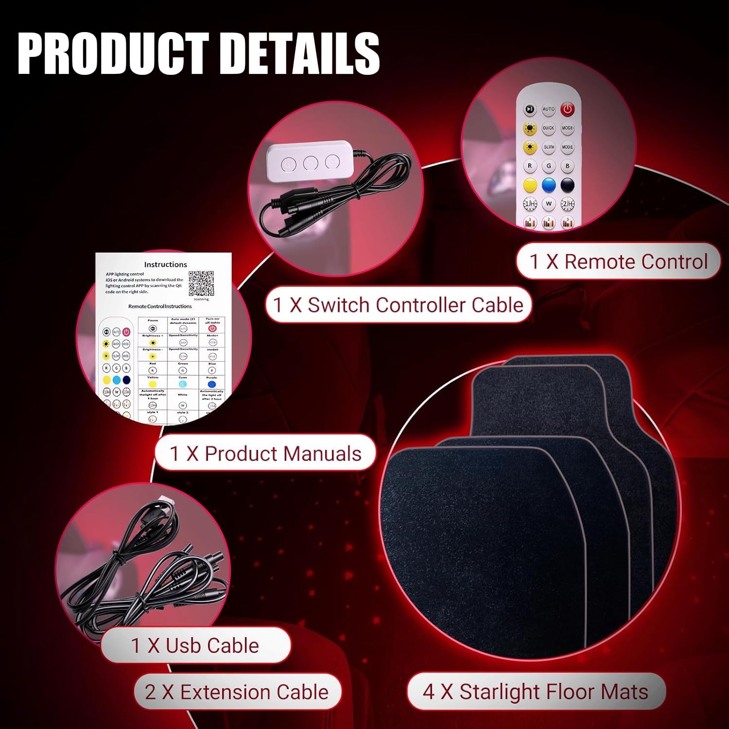 Tappetini Auto Con Strisce LED – Universali, Finta Pelle Nera, Controllo APP, 4 Pezzi, Antiscivolo, Per Auto E SUV - 4