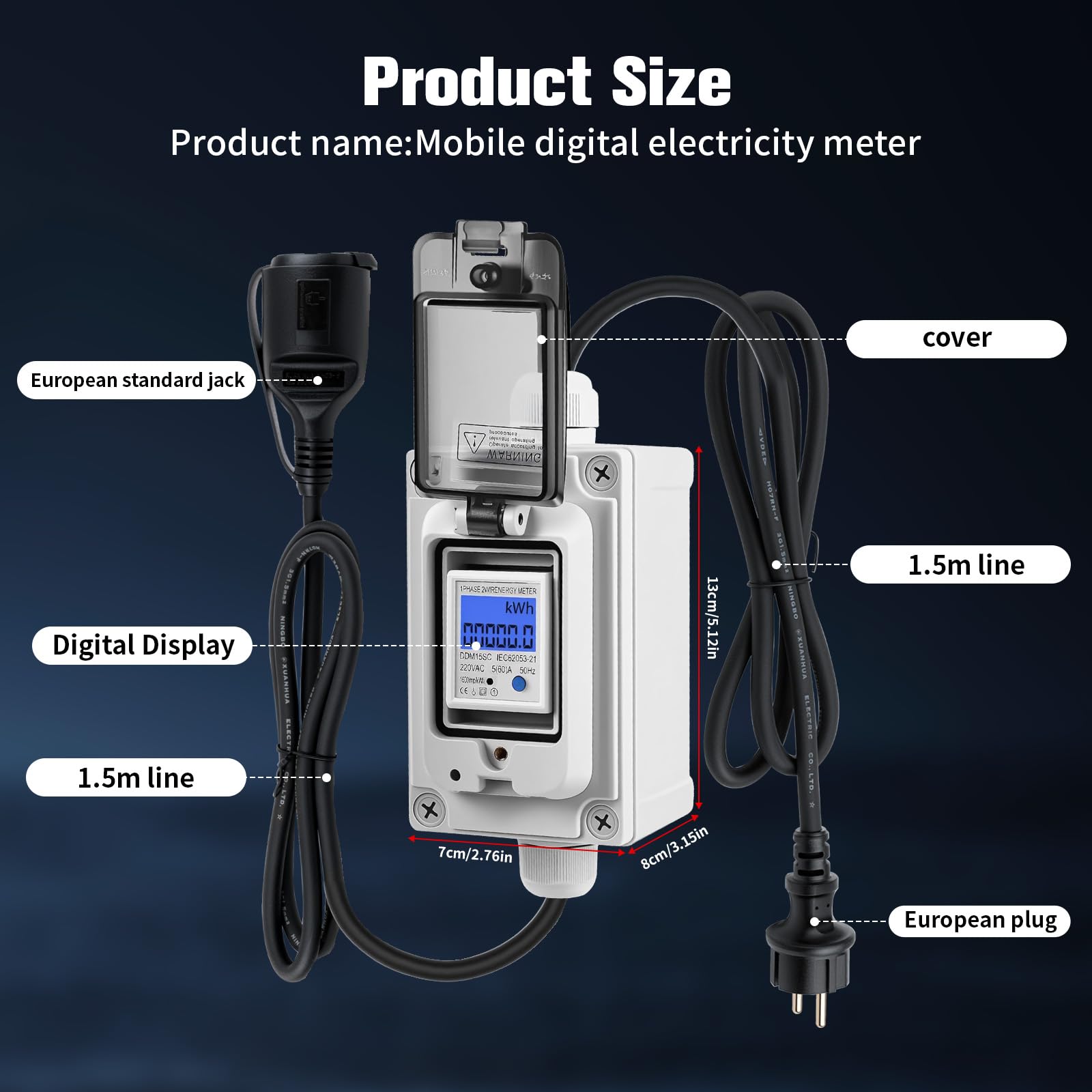 Contatore elettrico digitale per presa di corrente – Misuratore di consumo digitale portatile con design impermeabile IP67, funzione di interruzione di corrente e corrente nominale 16 A per camper